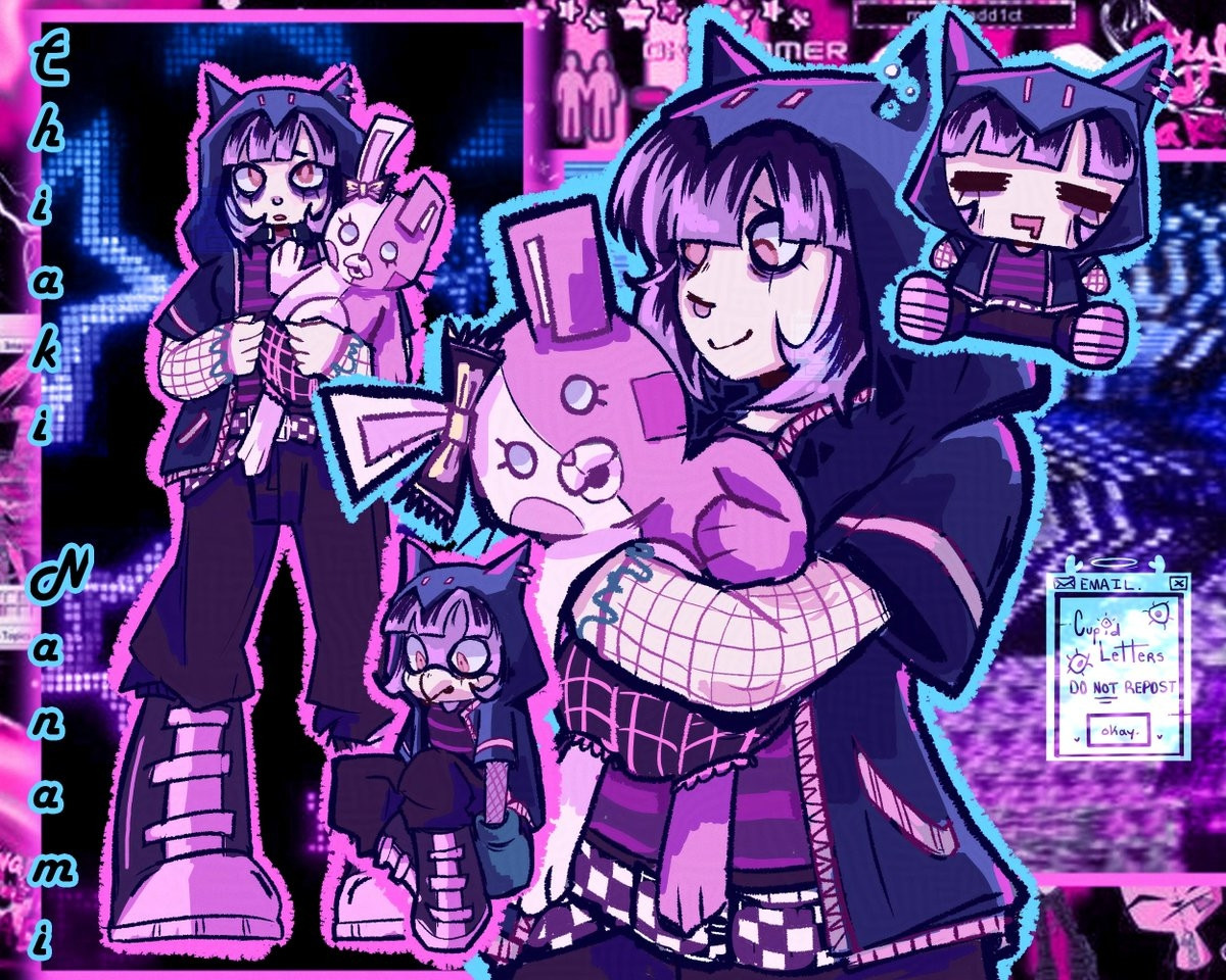 Collage of illustrations of Chiaki Nanami and Monomi, characters from the Danganronpa franchise. She is depicted in a scenecore aesthetic, surrounded by blues and pinks.