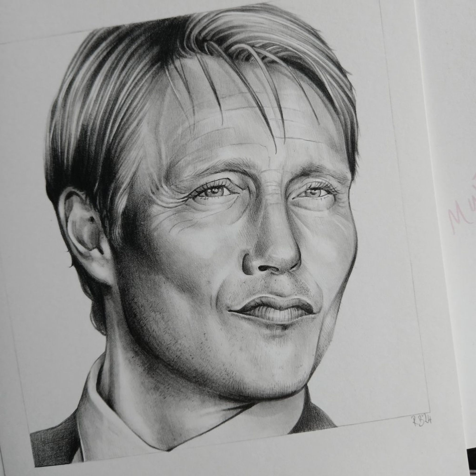 Pencil drawing on paper of Mads Mikkelsen