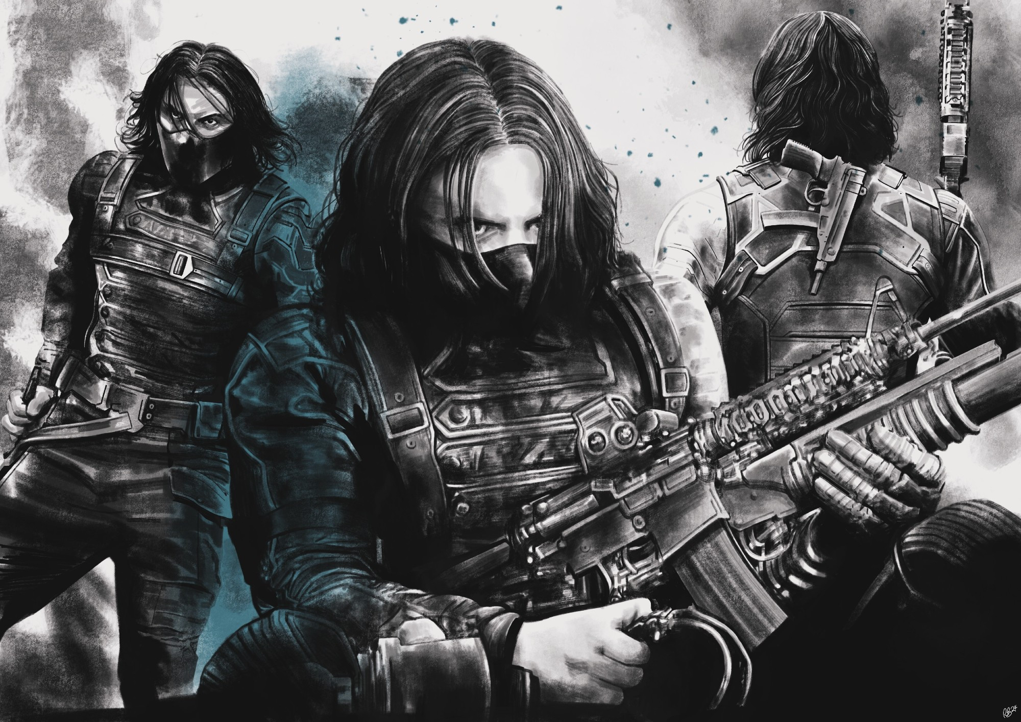 Digital sketchy style drawing of the winter soldier in black and white with a touch of blue. He is seated in the middle foreground with a weapon and staring out over his mask. On the right, he is advancing on someone with smoke behind him and almost his full body is visible. On the left is a view of his back as he carries a weapon and another is strapped to his back.