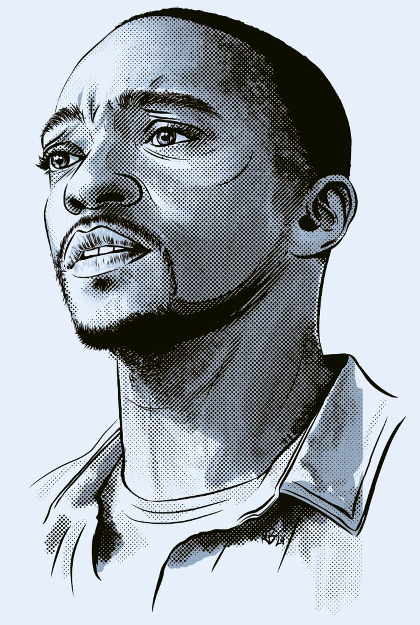 Black and white digital drawing of Sam Wilson/Captain America. The shading is halftone dots.