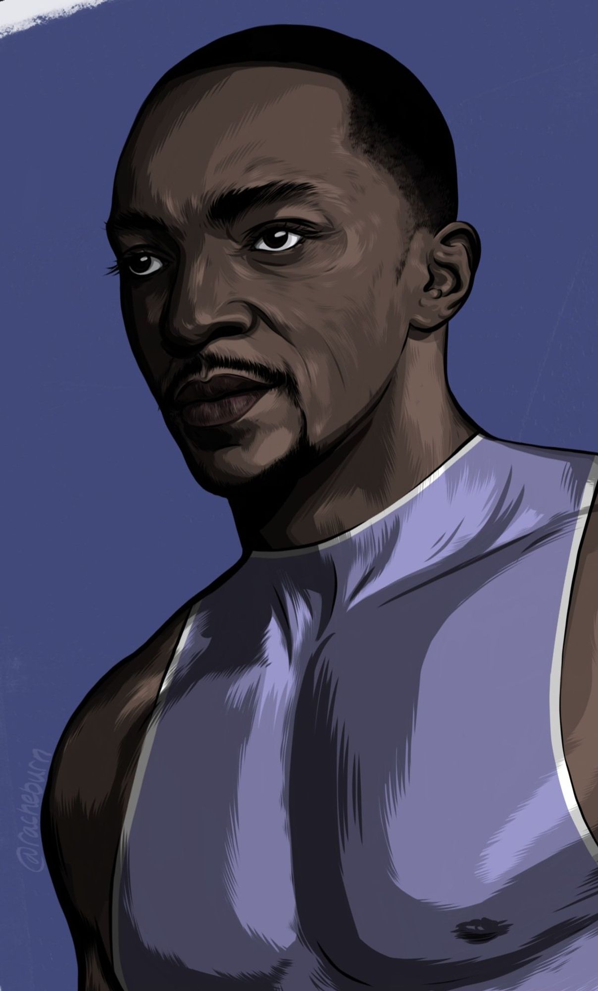 Digital drawing of Captain America aka. Sam Wilson making his 'not impressed' face. He is wearing a tight blue sleeveless top.