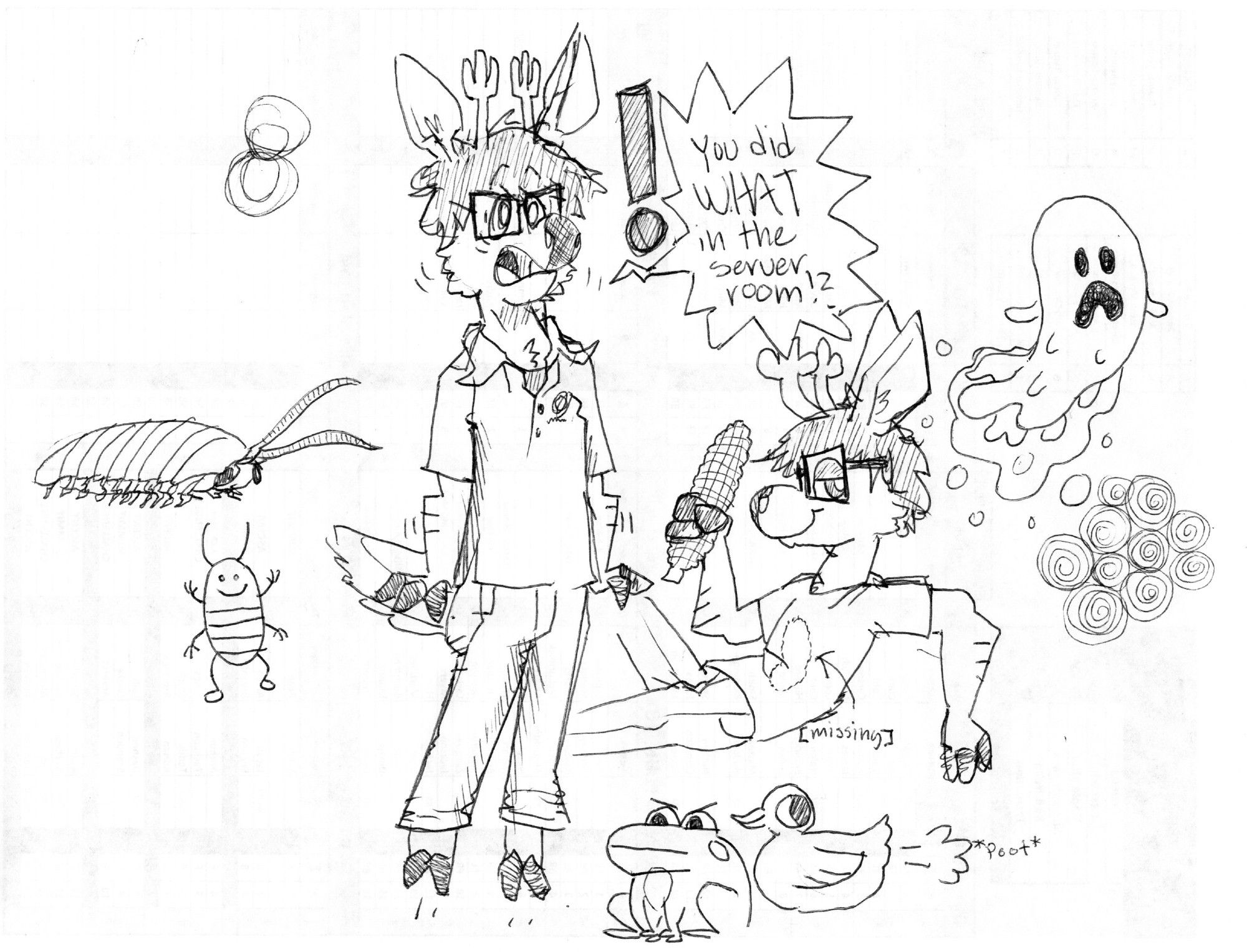 A slightly cropped and edited photo scan of a ball point pen doodle page on printer paper, featuring an anthro deer character frozen in shock and fear, shouting "You did WHAT in the server room!?", the same anthro character laying back holding an ear of corn, a drippy ghost, a bug, another bug, some swirls, a farting duck, and a grumpy froggy.