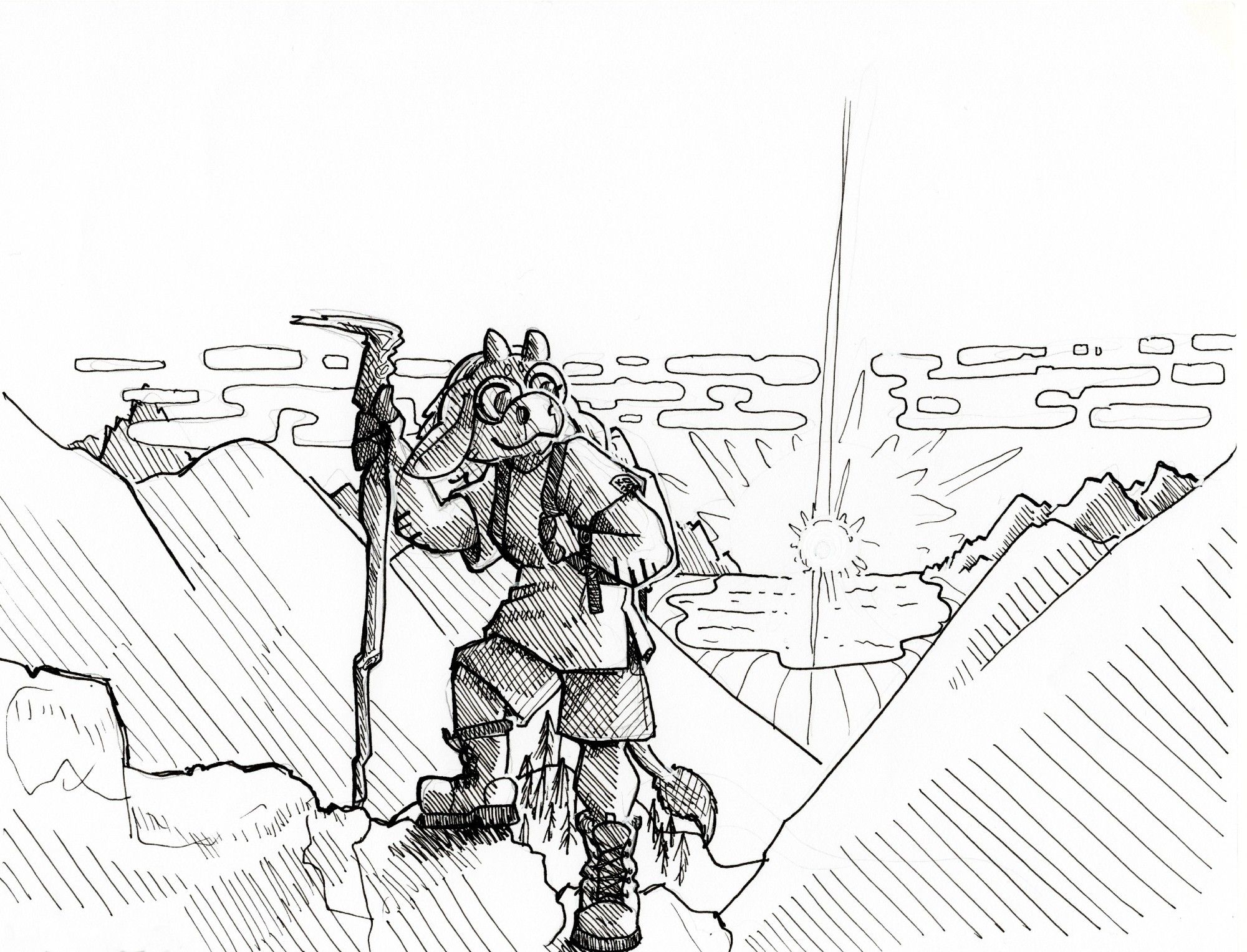 A cropped and edited photo scan of a pencil and pen drawing that was done for "Legally Distinct Inktober". It features an anthro cow character hiking up a mountain with a very cool stick that would make Stick Nation proud, looking back at their progress to a sun rising over a body of water and framed between two mountain ranges. It's highly inspiring and not at all mediocre.