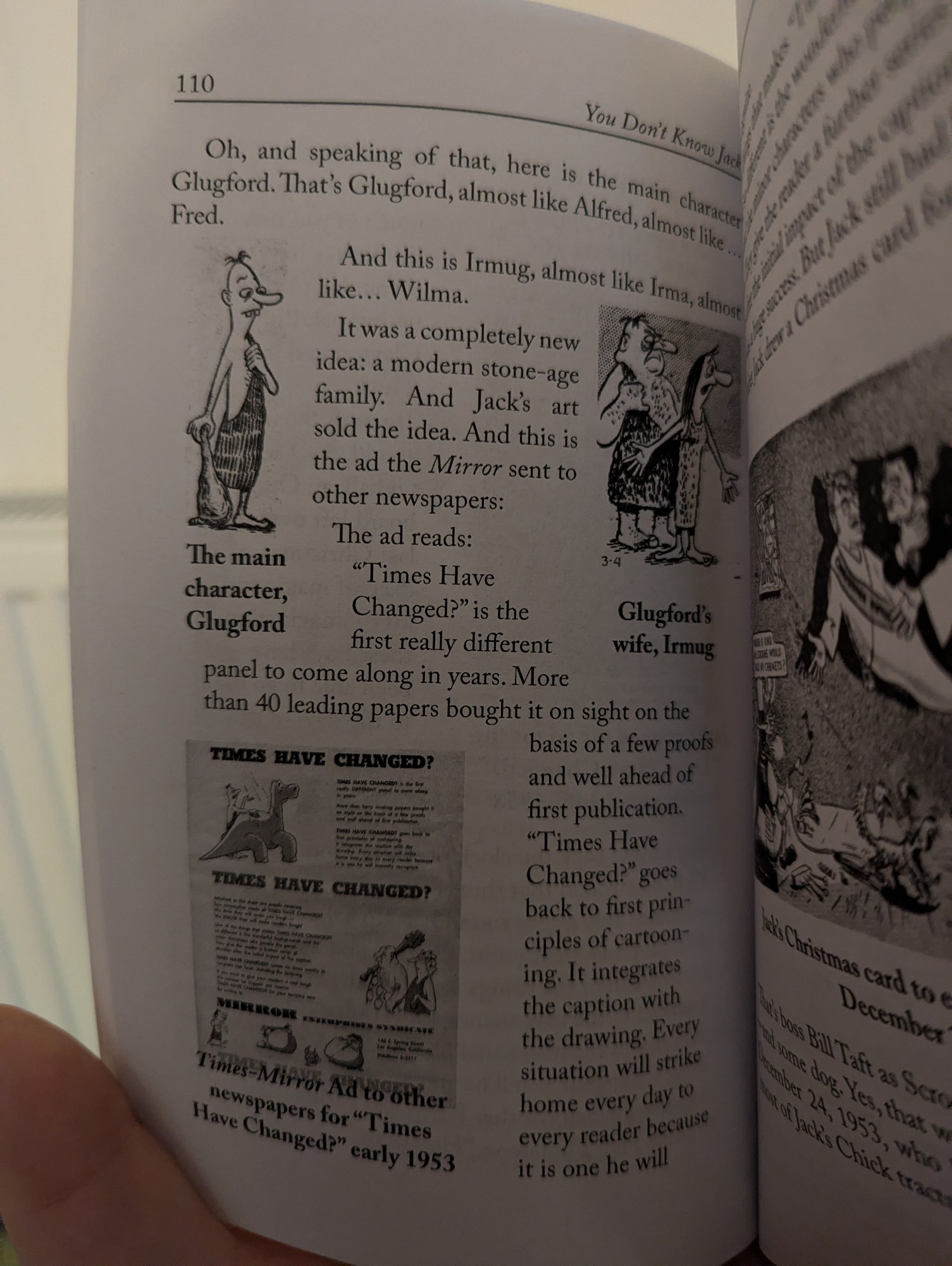 Excerpt from page 110 of You Don't Know Jack. We are shown drawings of the main characters of Chick's old newspaper comic about cavemen, Times Have Changed. Their names are Glugford and Irmug. The text tries to imply that if you squint a bit you can get the names Fred and Wilma out of that