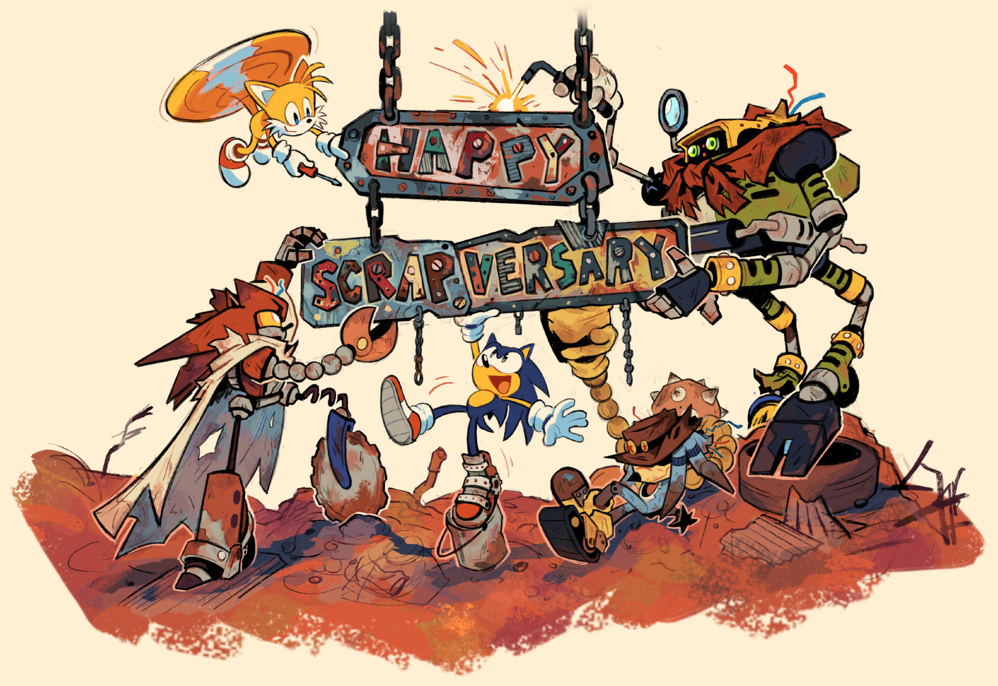 Sonic, Tails, Scrapnik Mecha Sonic, E-117 Sigma and Scrapnik Mecha Knuckles hanging up a metal sign that says "HAPPY SCRAPVERSARY"