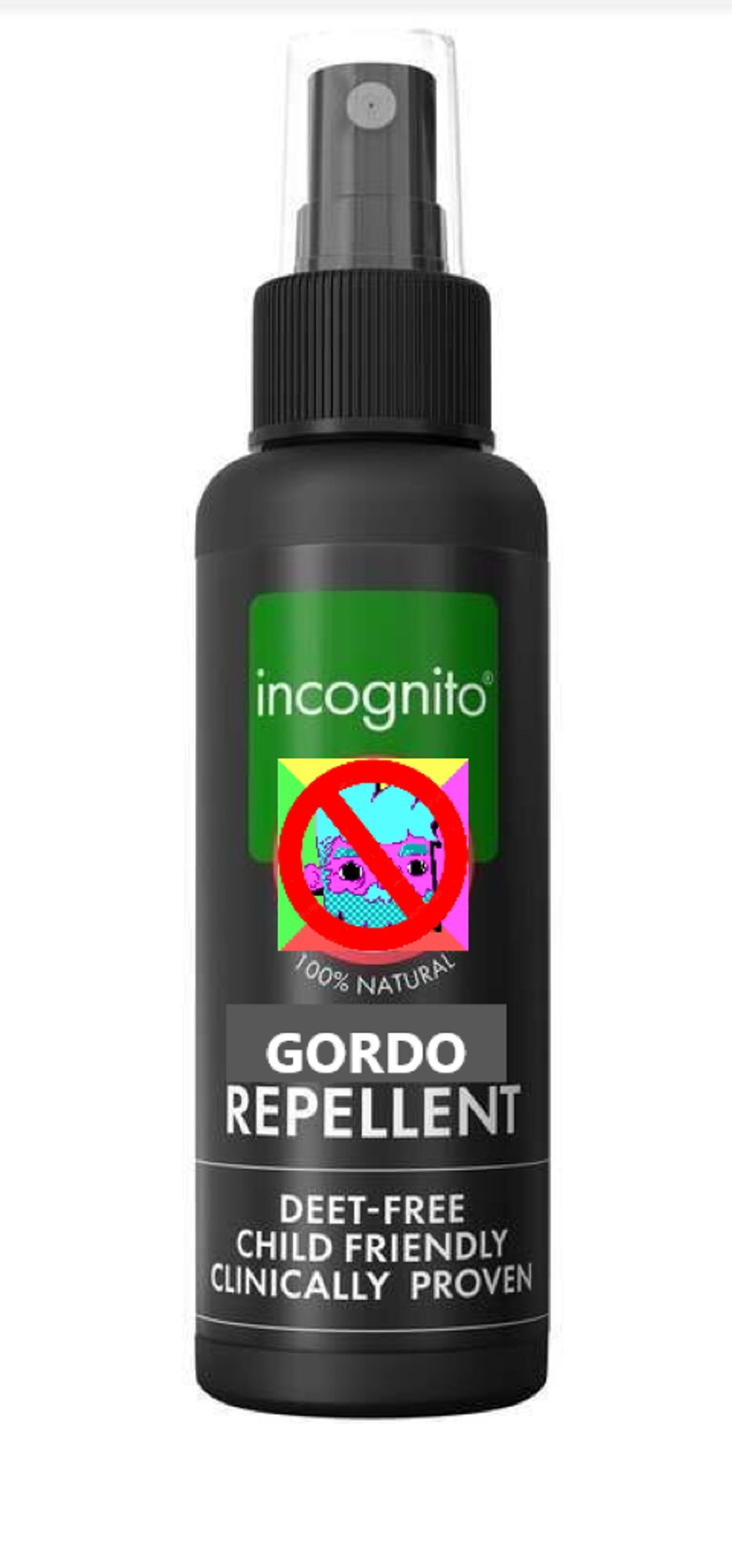 A bottle of mosquito spray badly mocked up in Paint to be Anti-Gordo spray