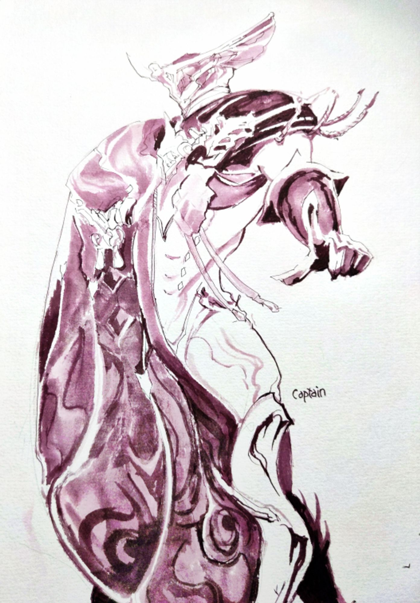 Ink wash drawing of Sevagoth Prime from Warframe