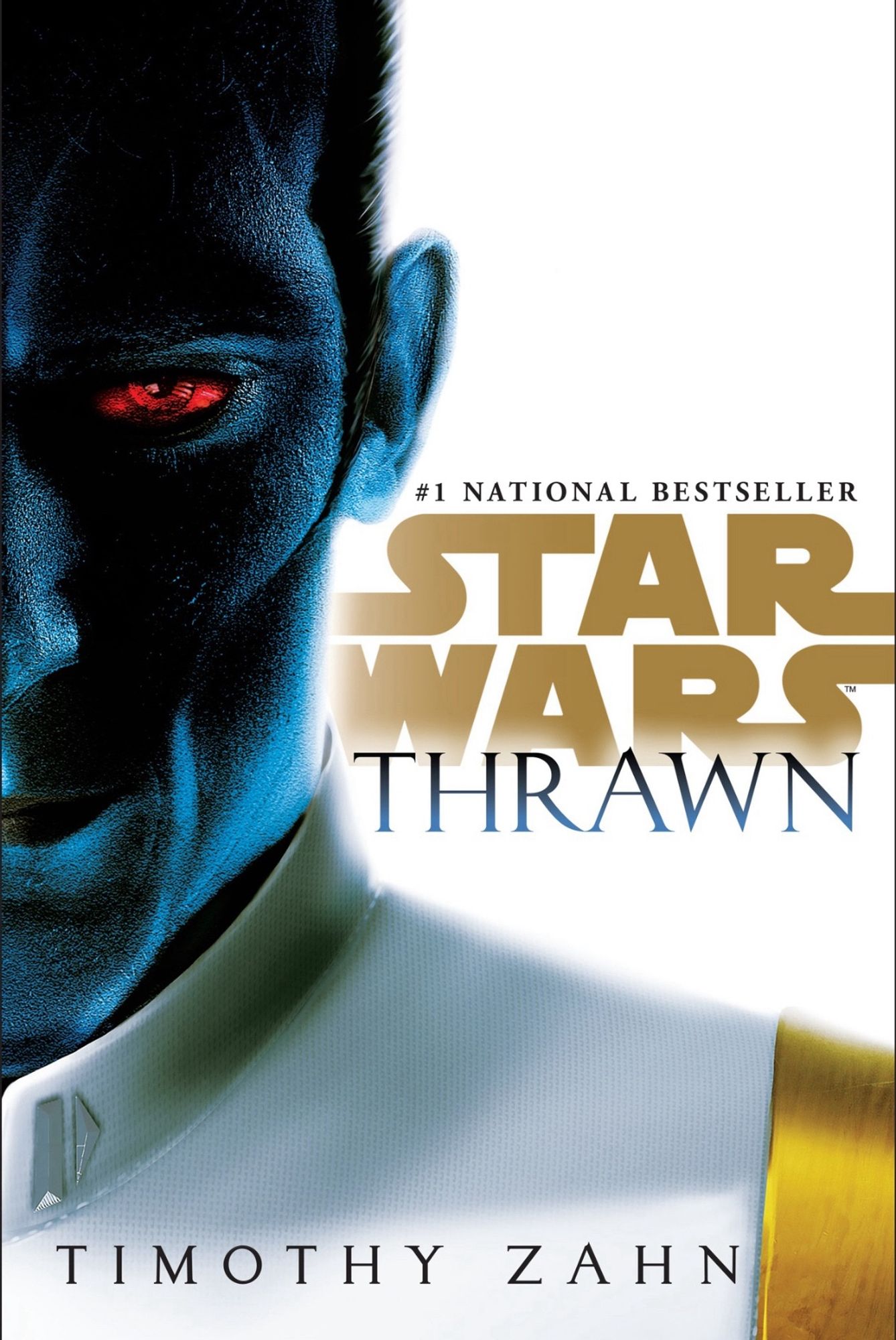 Star Wars Thrawn book cover, depicting a humanoid male with blue skin and red eyes. The cover also says Timothy Zahn (the author) and #1 National Bestseller.