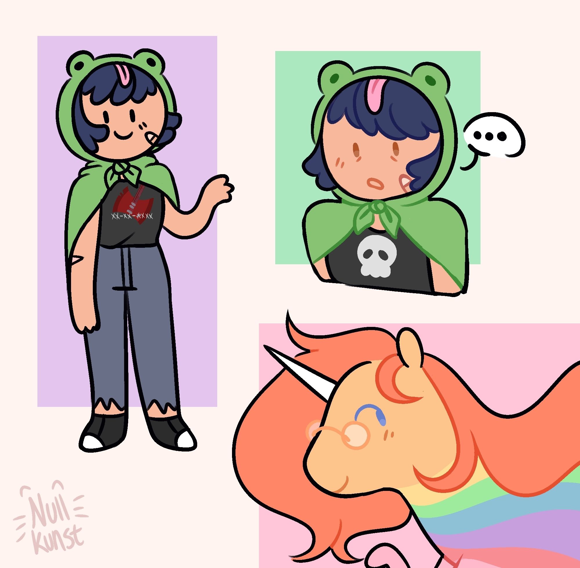 A digital drawing consisting of 3 separate doodles. The left one is a full body drawing of an adventure time styled OC, wearing a green frog hood and cape with a black band T-shirt and ripped jeans with converse. They have dark blue hair and a bandaid on their face. That same character is depicted in a bust drawing to the top right, with a confused/lost expression. The bottom right depicts a rainicorn OC with a long flowing red mane, blue eyes and golden glasses. End description.