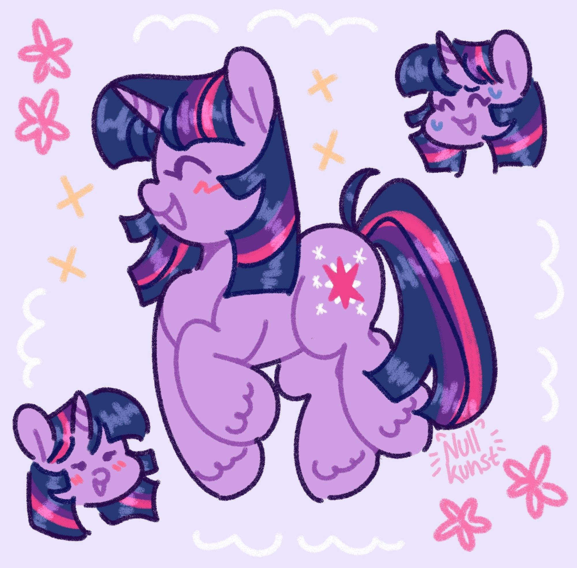 A digital drawing consisting of 3 separate doodles of Twilight Sparkle (unicorn version) from MLP:FiM. The largest is a full body in the middle, where is facing the left and smiling with her eyes closed and her front left leg lifted. To the bottom left is a chibi doodle of her smiling. To the top right is a chibi doodle of her appearing nervous. End description.