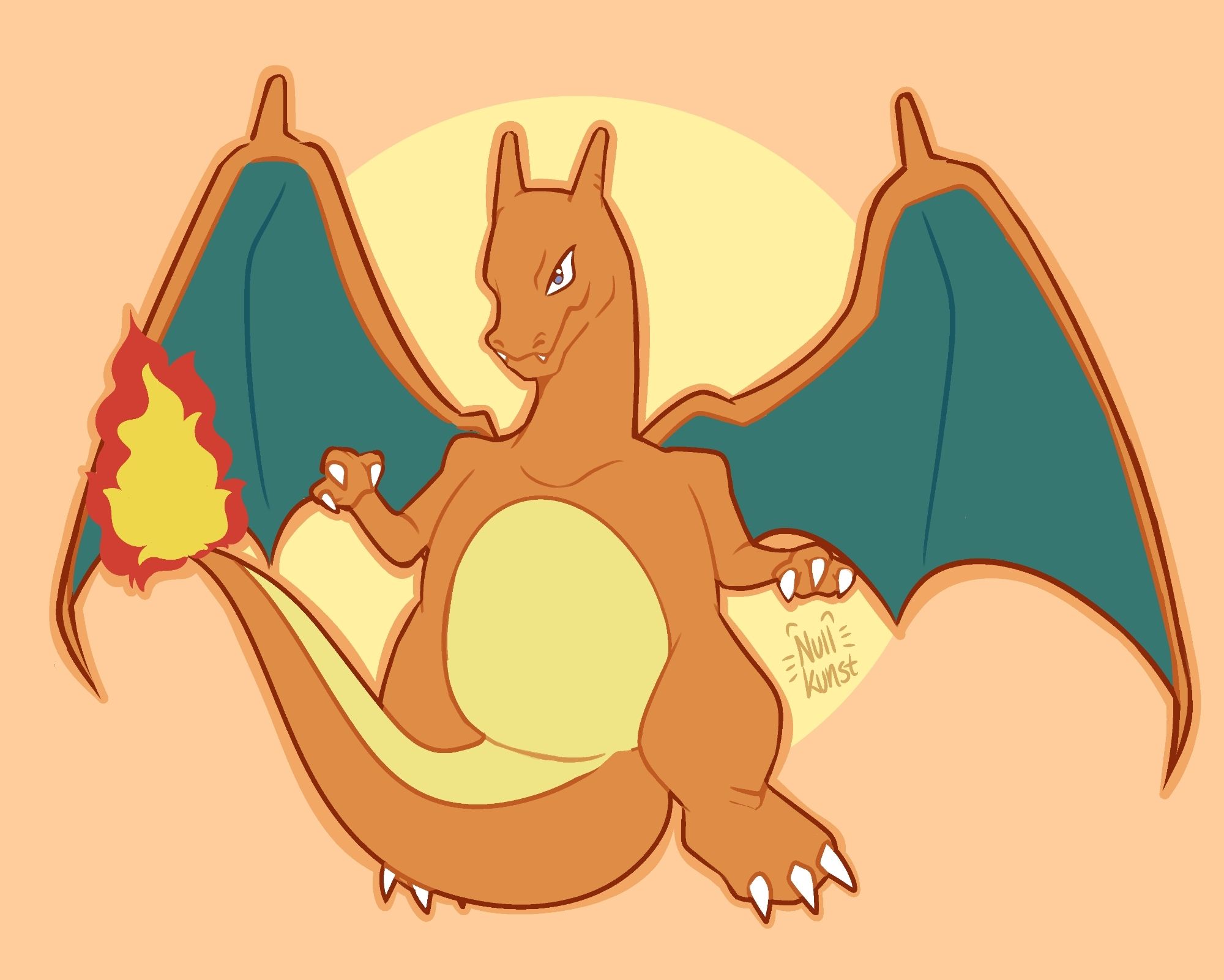 A digital drawing of a Charizard from Pokémon, with their wings spread out and their tail between their legs. End description.