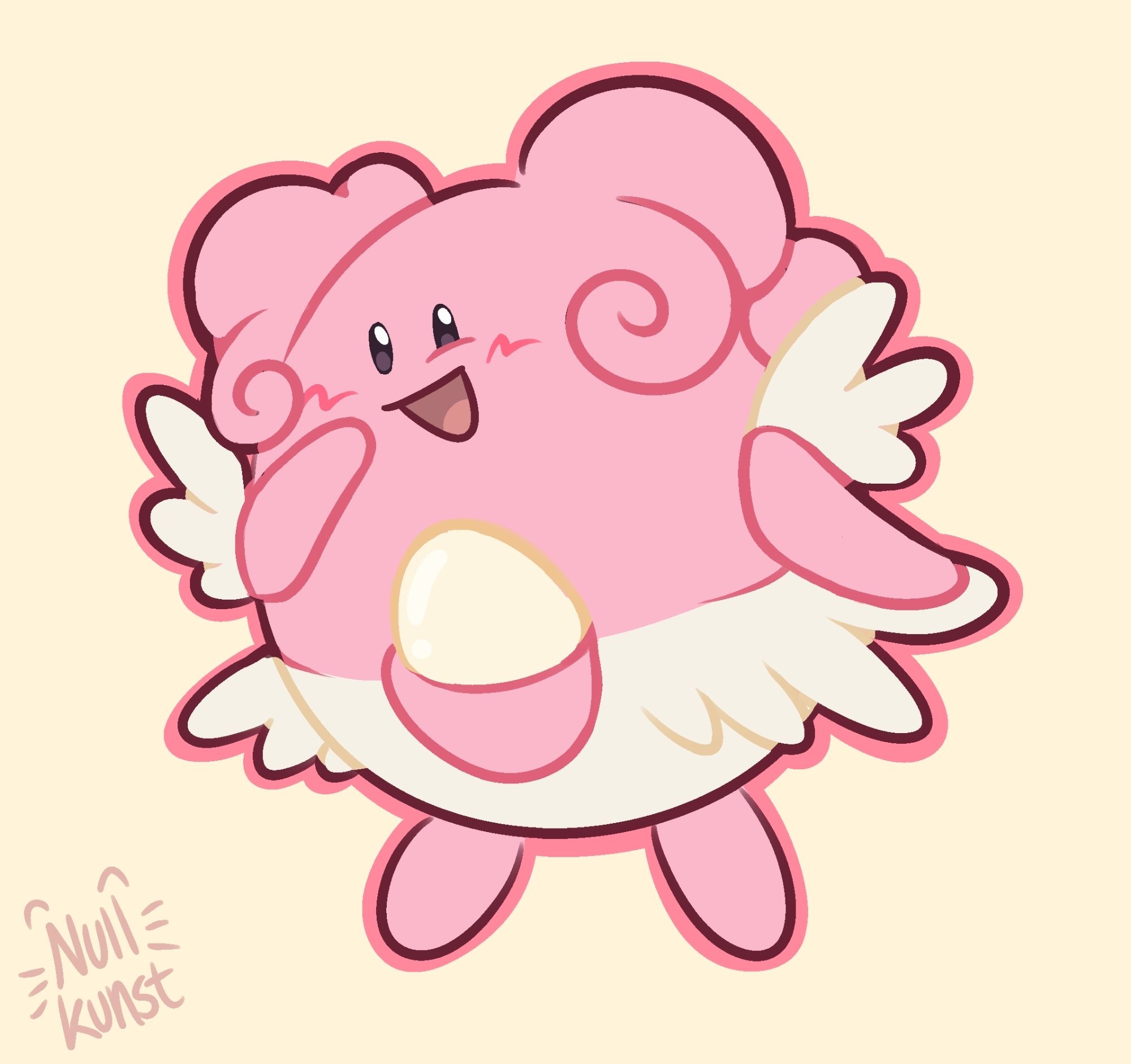 A digital drawing of the Pokémon Blissey. They are smiling n have a hand up to their mouth. End description.