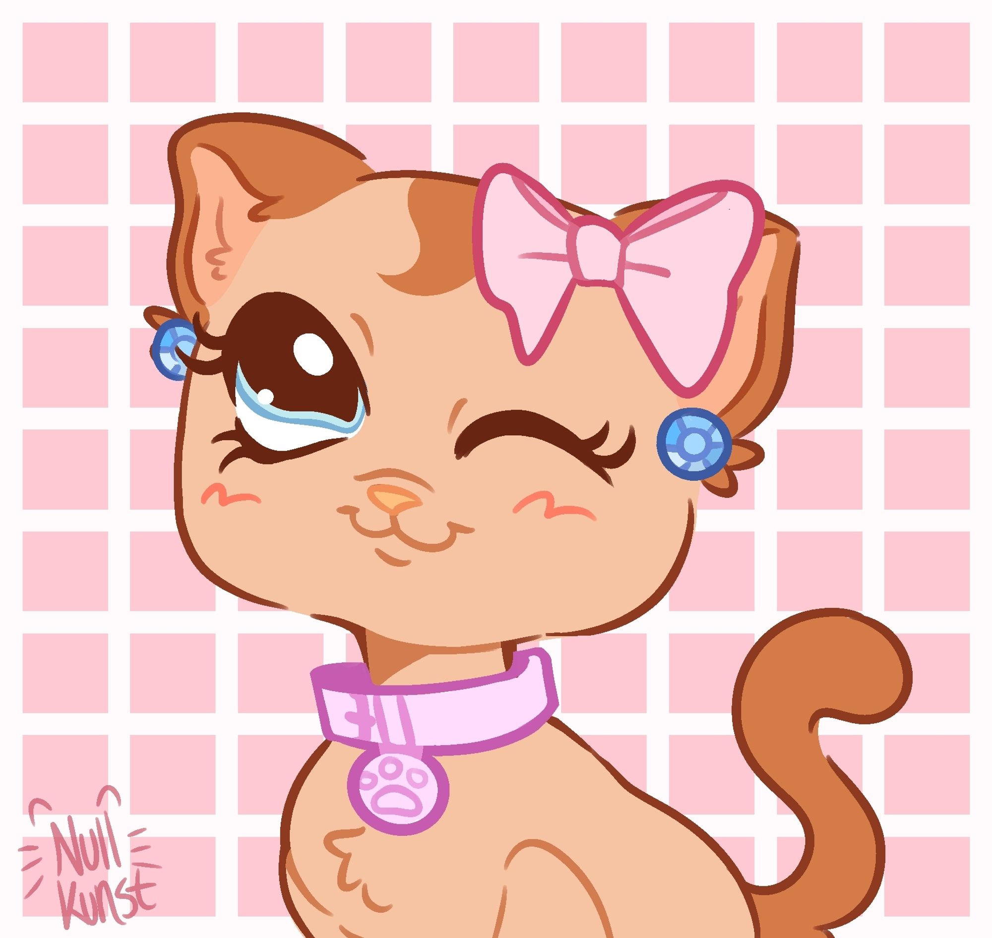 A digital drawing of Littlest Pet Shop shorthair cat #1024. She is light brown with dark brown ears + tail, and a dark brown forehead marking resembling a curl of hair. She is wearing a pink bow on her head, blue gem earrings, and a purple-pink collar. She is winking. Drawing is done as an icon. End description.