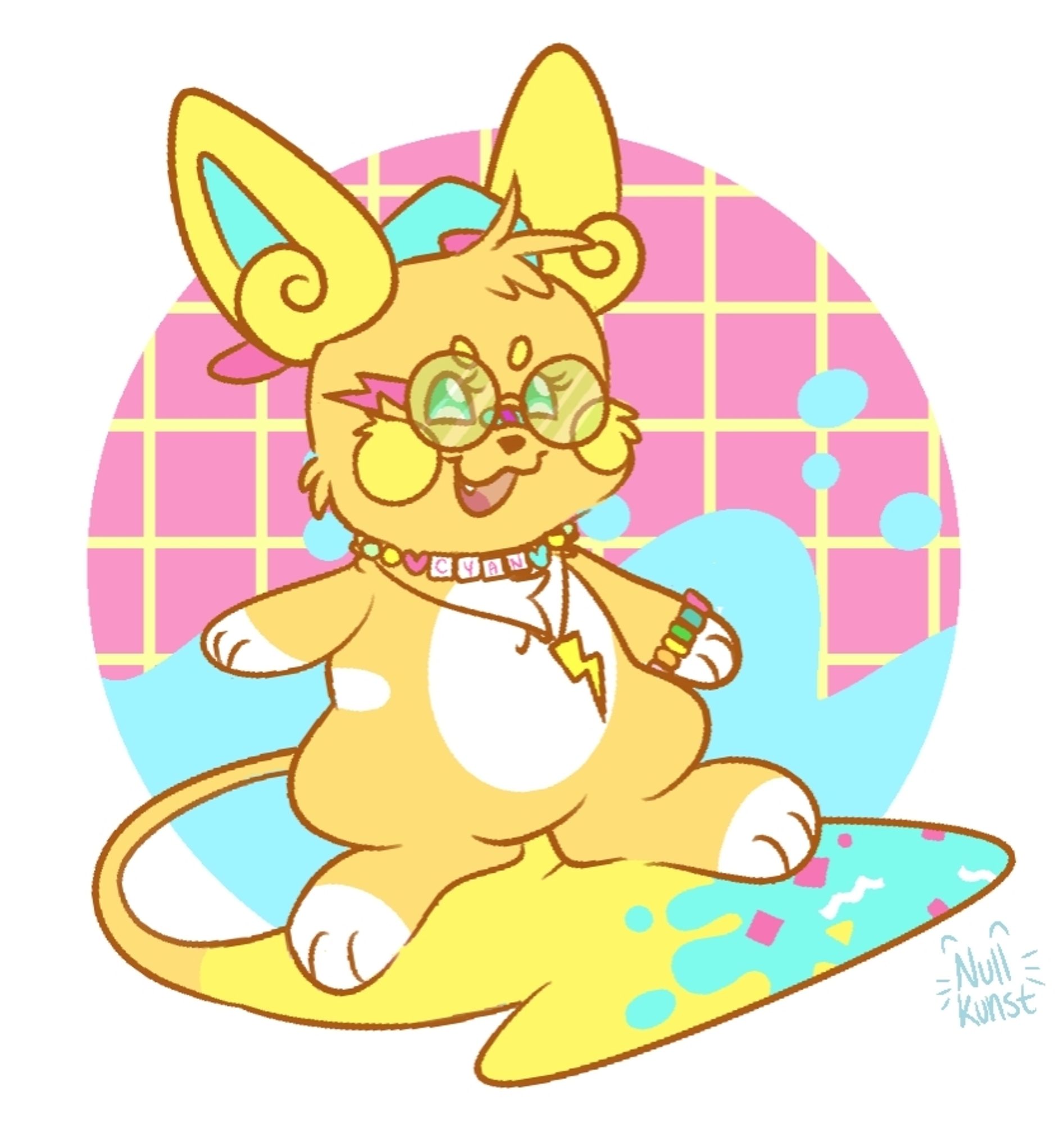 A drawing of a neon/80s aesthetic alolan Raichu (Pokémon) OC. They are riding atop the end of their own tail. End description