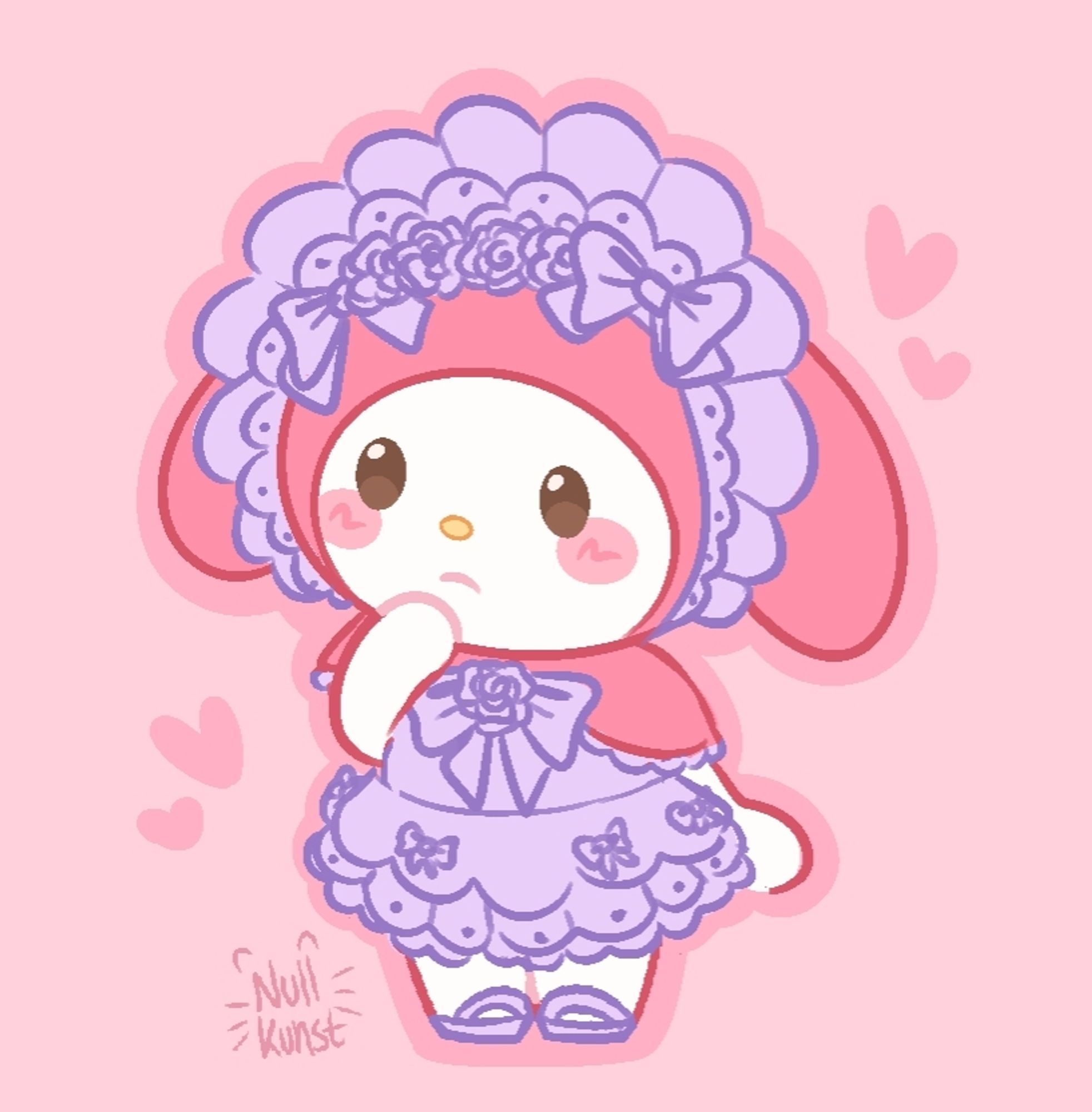 A digital drawing of the sanrio character My Melody, in a purple lolita style dress and bonnet. End description.