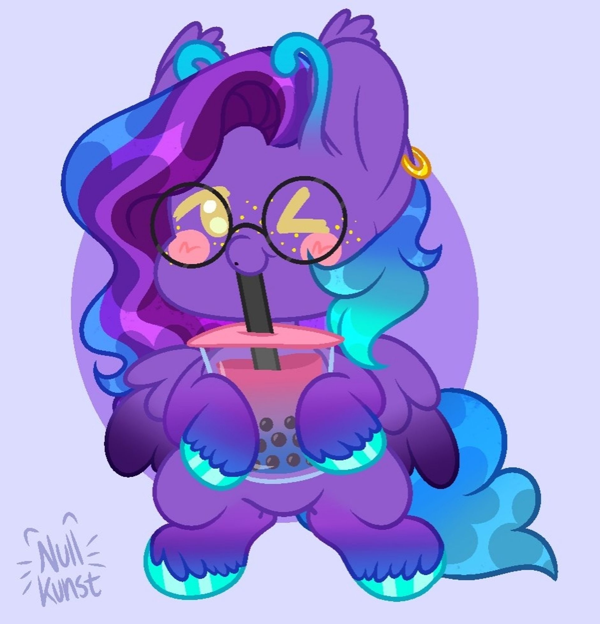 A digital drawing of a Chibi style pegasus MLP OC drinking bi flag colored boba tea. End description.