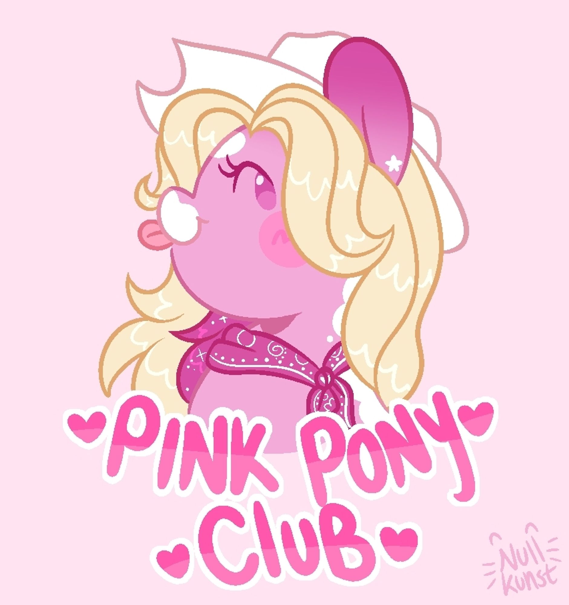 A digital bust drawing of a Chibi style pink MLP:FiM OC with a blonde mane and a cowboy hat. The text below them reads "Pink Pony Club" as a reference to a Chappell Roan song. End description.