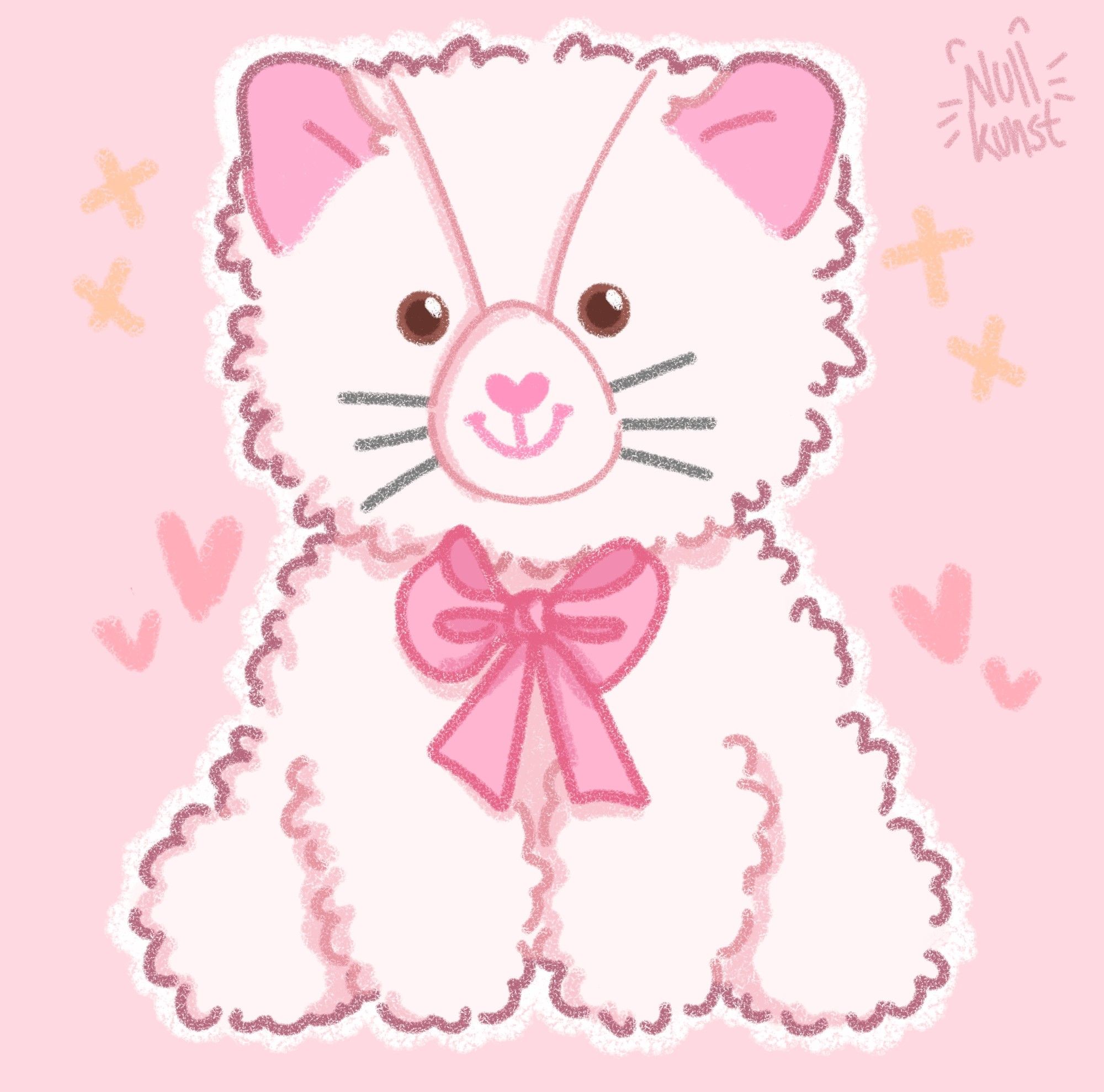 A digital drawing of a fluffy white plush cat with a pink bow on it's neck. End description.