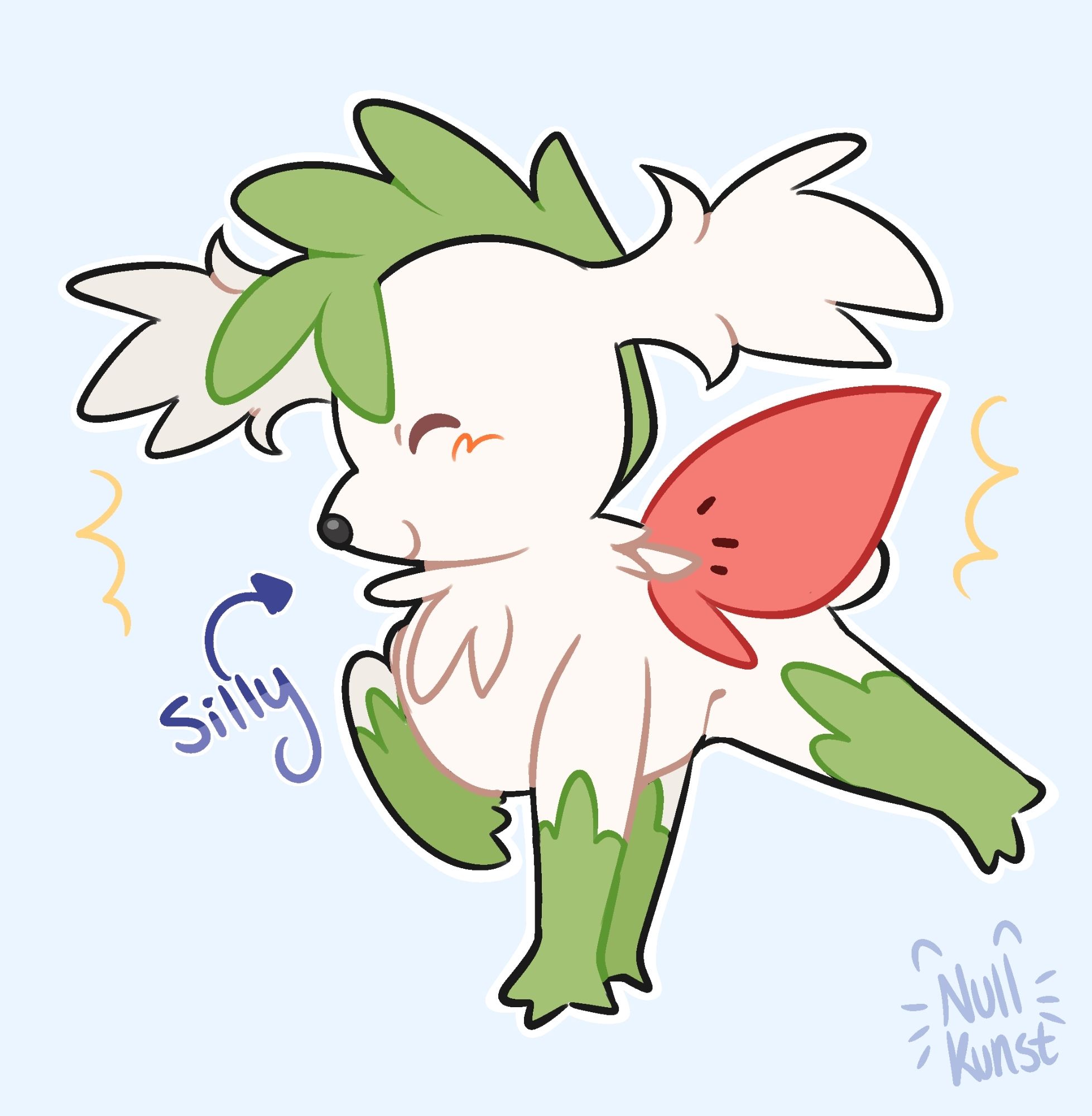 A digital drawing of the Pokémon, Shaymin, in their sy form. They are facing left and smiling with eyes closed. They have their right front leg up and a back leg sticking out. An arrow is pointing to them with the word "silly". End description.