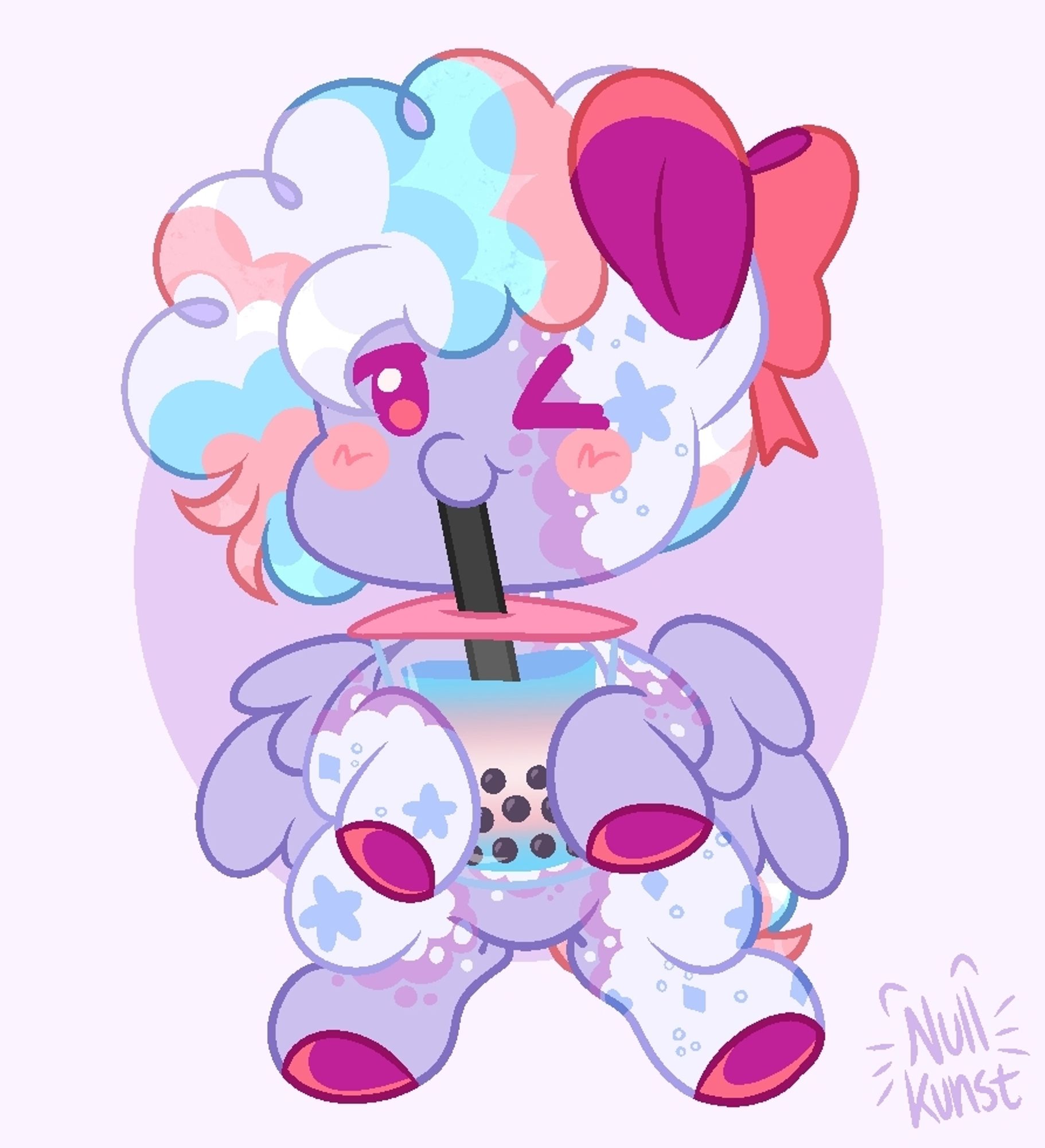 A digital drawing of a Chibi style pegasus MLP OC drinking trans flag colored boba tea. End description.