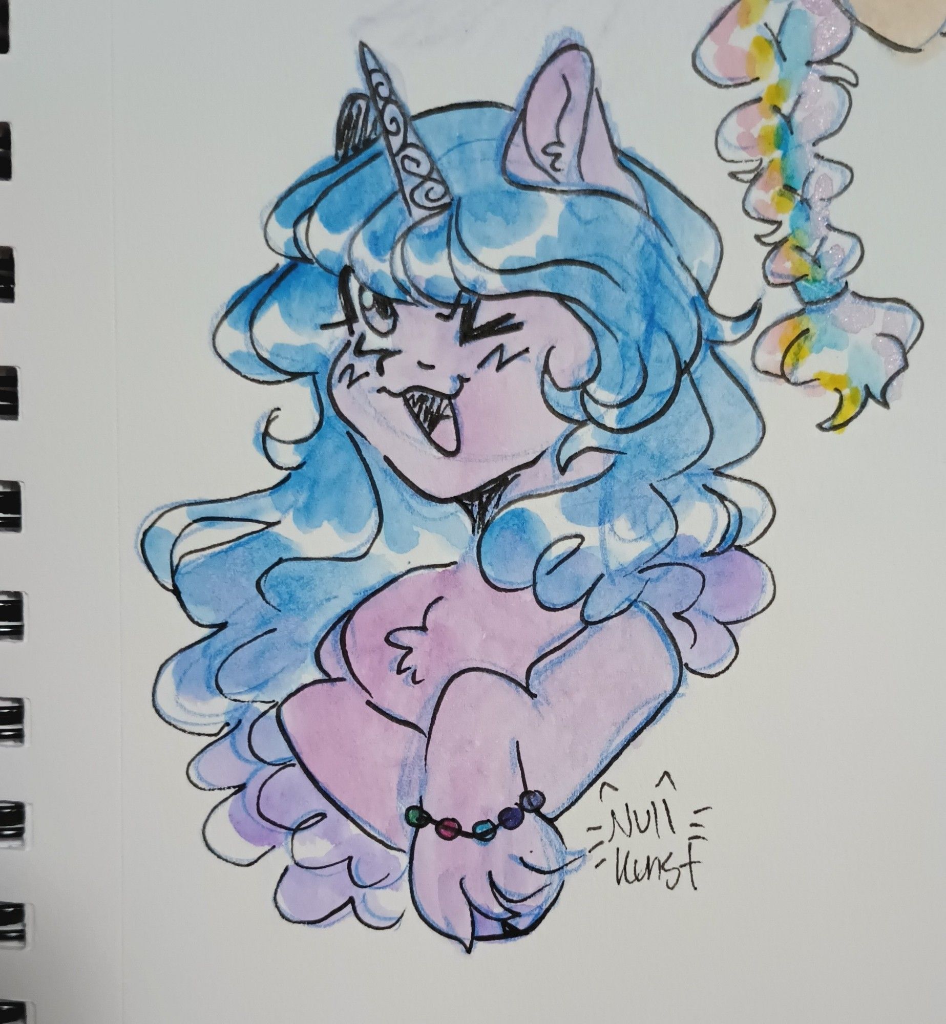 A bust drawing of Izzy Moonbow from MLP G5. Done in watercolor.