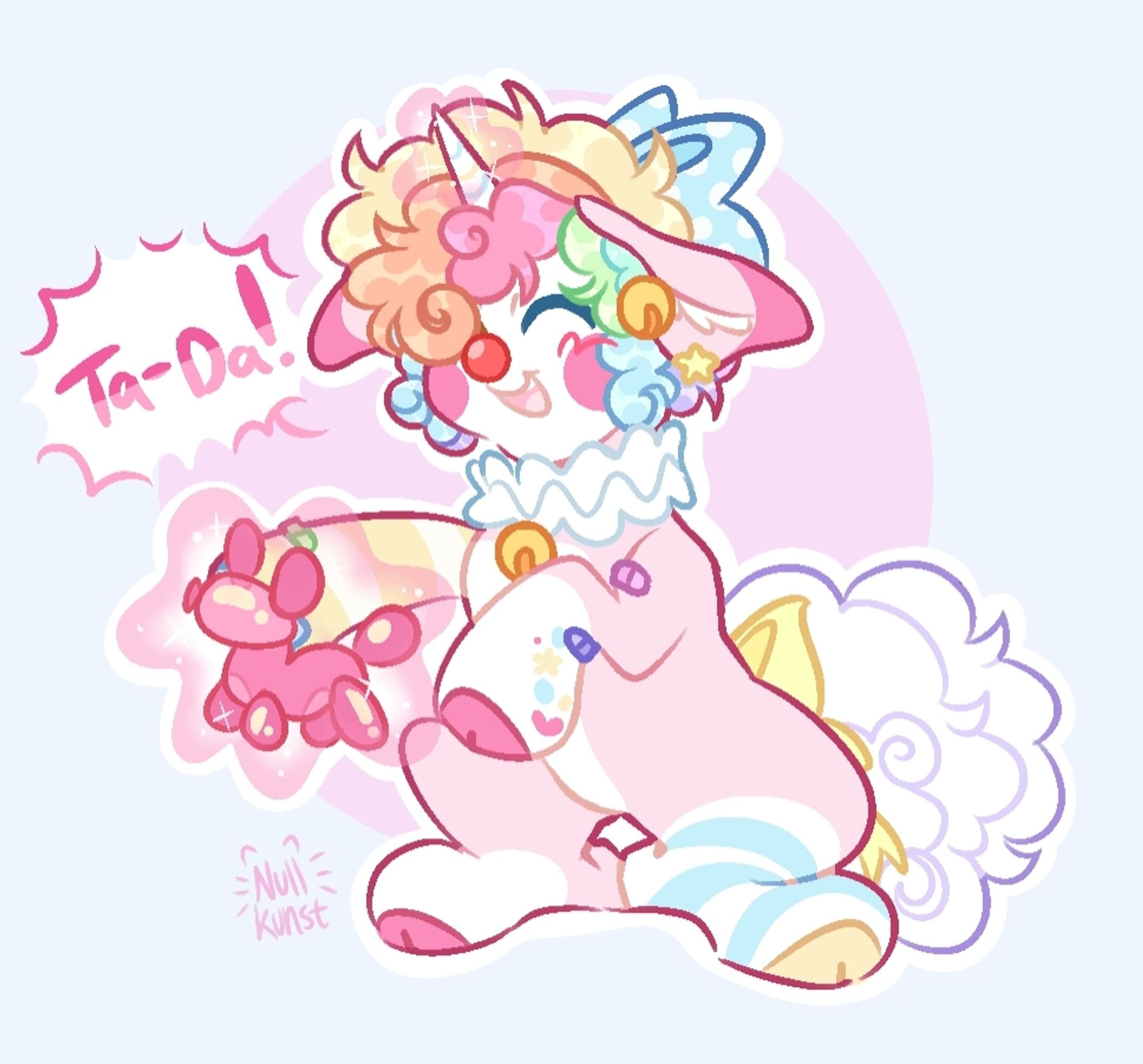 A digital drawing of a sitting pink unicorn with long ears, a colorful mane + white tail and clown makeup on. They are using their magic to hold up a balloon animal. The text says "ta-da!". End description