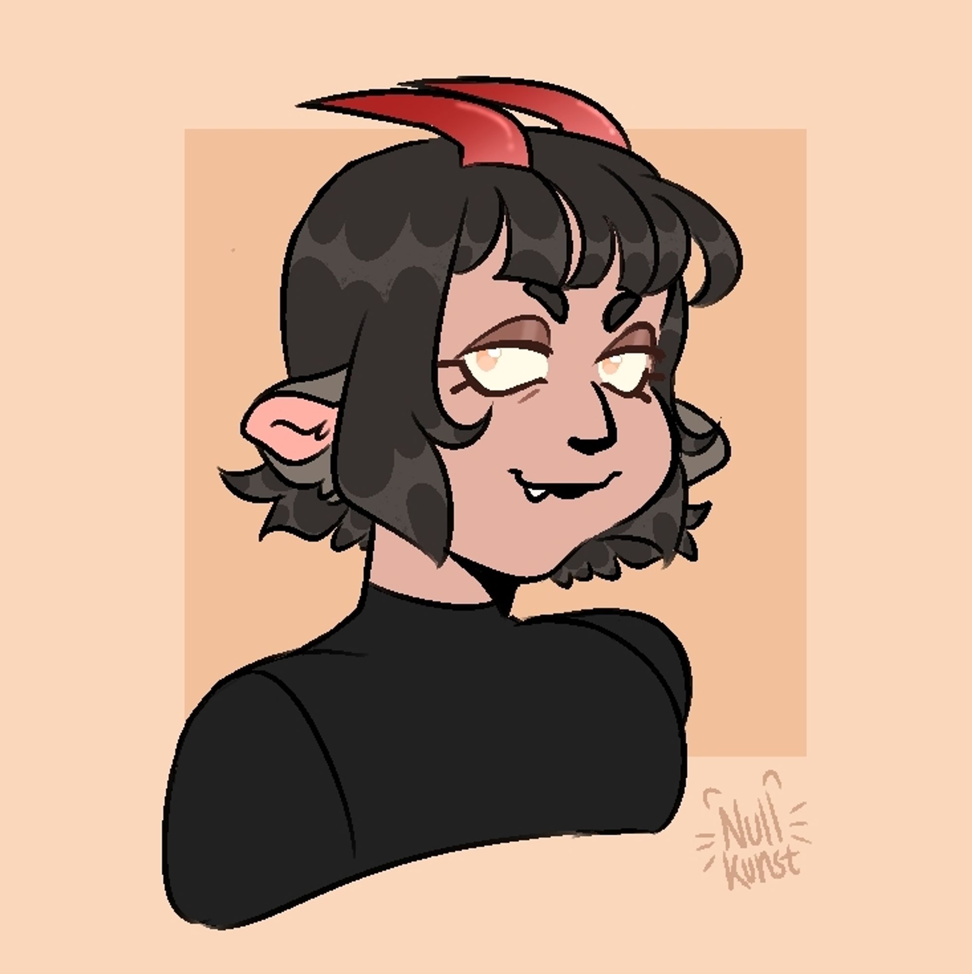 A digital bust drawing of a tiefling/firbolg hybrid DnD character, with short dark brown hair, small gray ears, and slicked back red horns. End description.