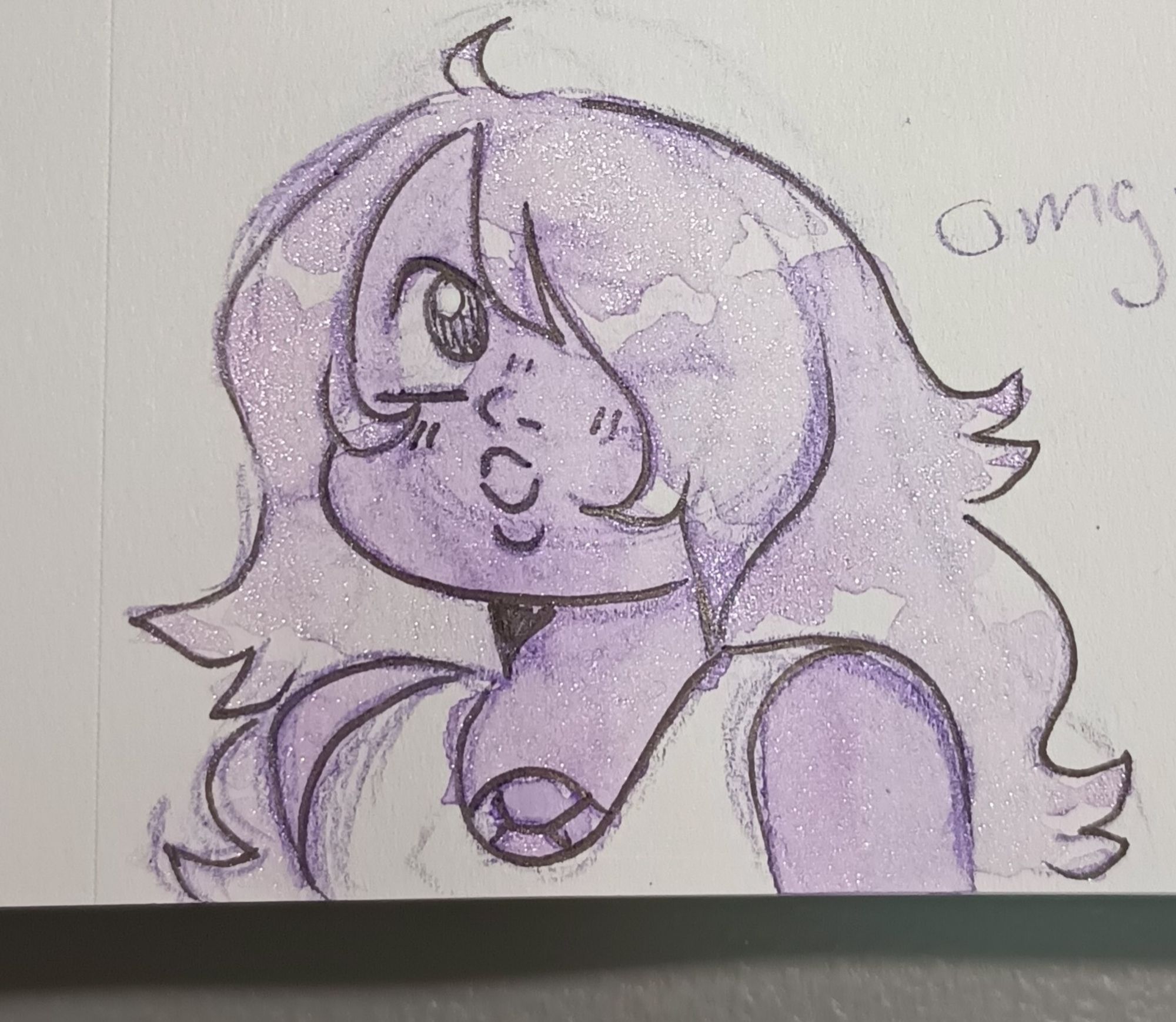 [Image Description: A headshot drawing of Amethyst from Steven Universe, painted in watercolor. She is a purple humanoid with long light-purple colored hair, and a happy expression. She has a purple amethyst gem on her chest and is wearing a white tank top. End description.]