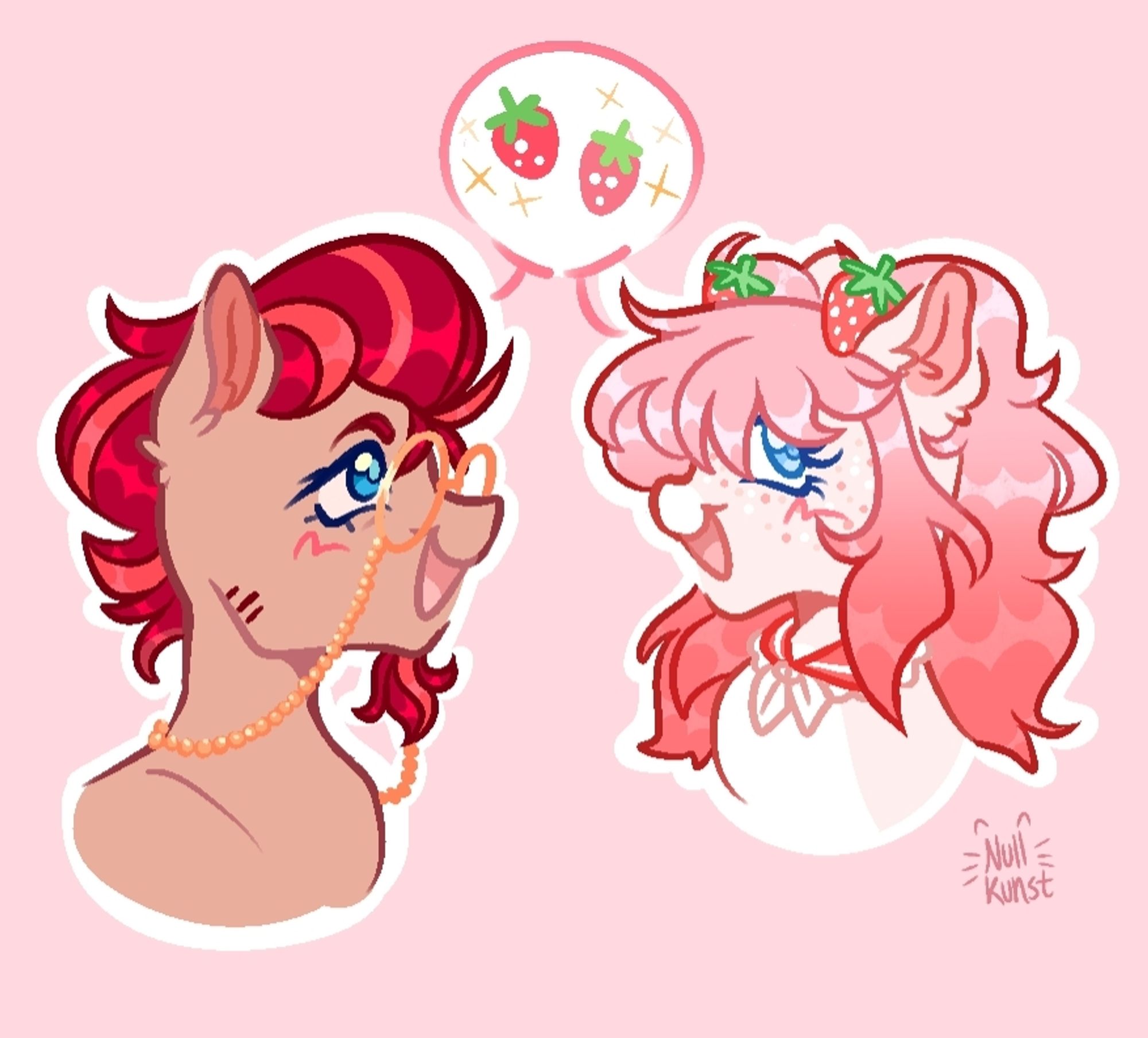 a digital drawing of two strawberry -themed MLP:FiM OCs. they are talking about strawberries. end description