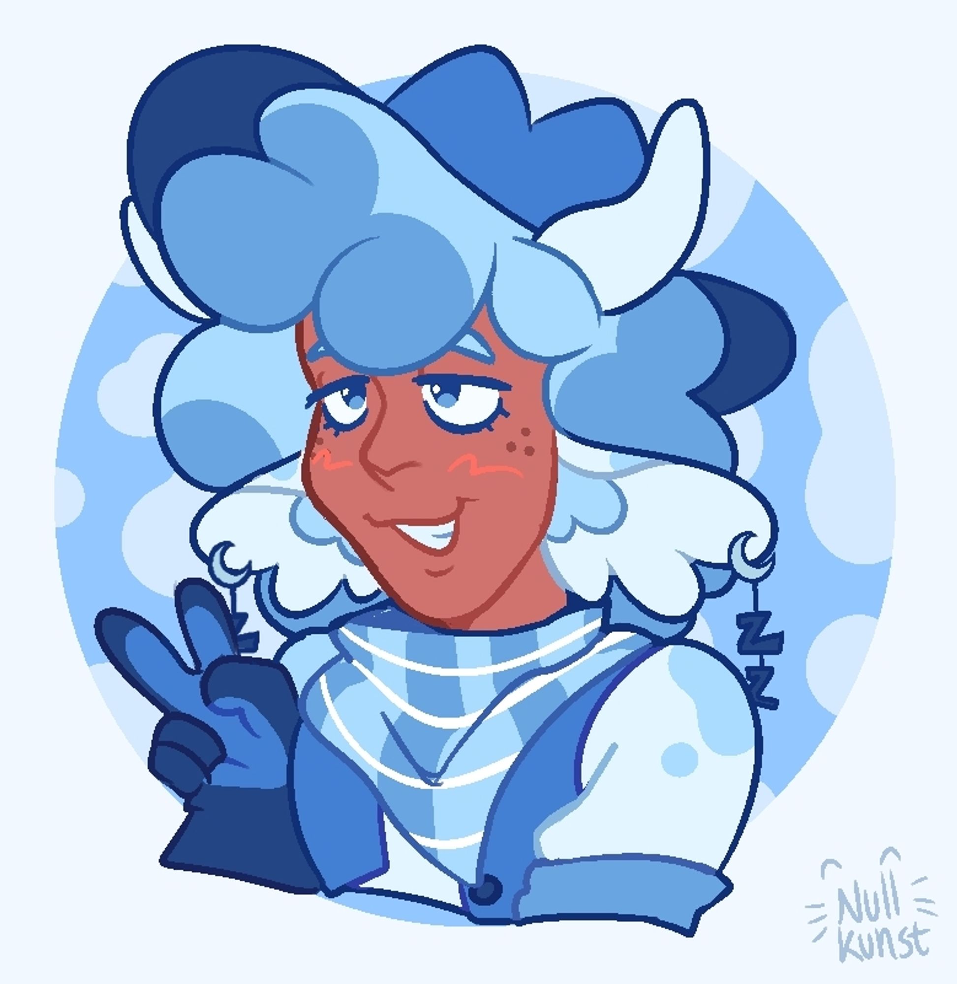 A digital bust drawing of a humanoid blue cow themed character holding up a peace sign. End description.