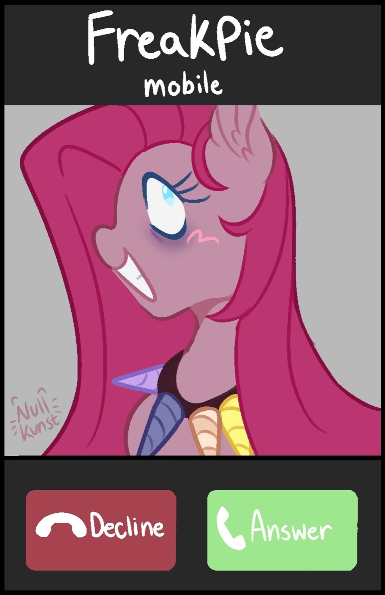 a digital drawing of Pinkamena Diane Pie from MLP FiM in the place of SpongeBob, in the Freakbob is calling meme format. end description.