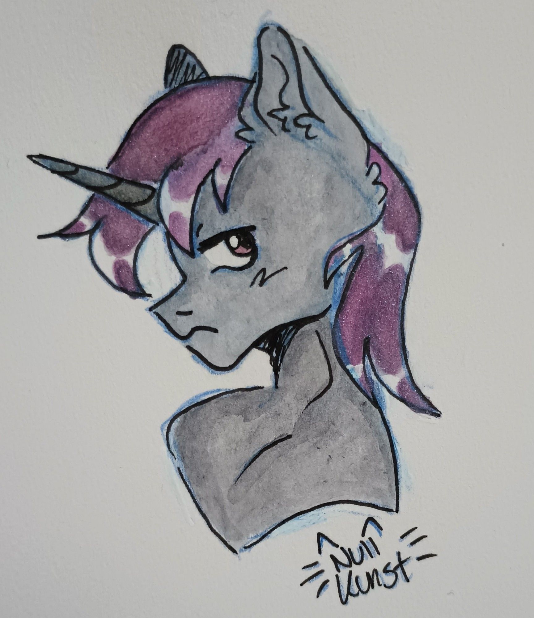 a bust drawing of a gray unicorn with a dark purple-pink mane and dark red eyes. done in watercolor. end description.