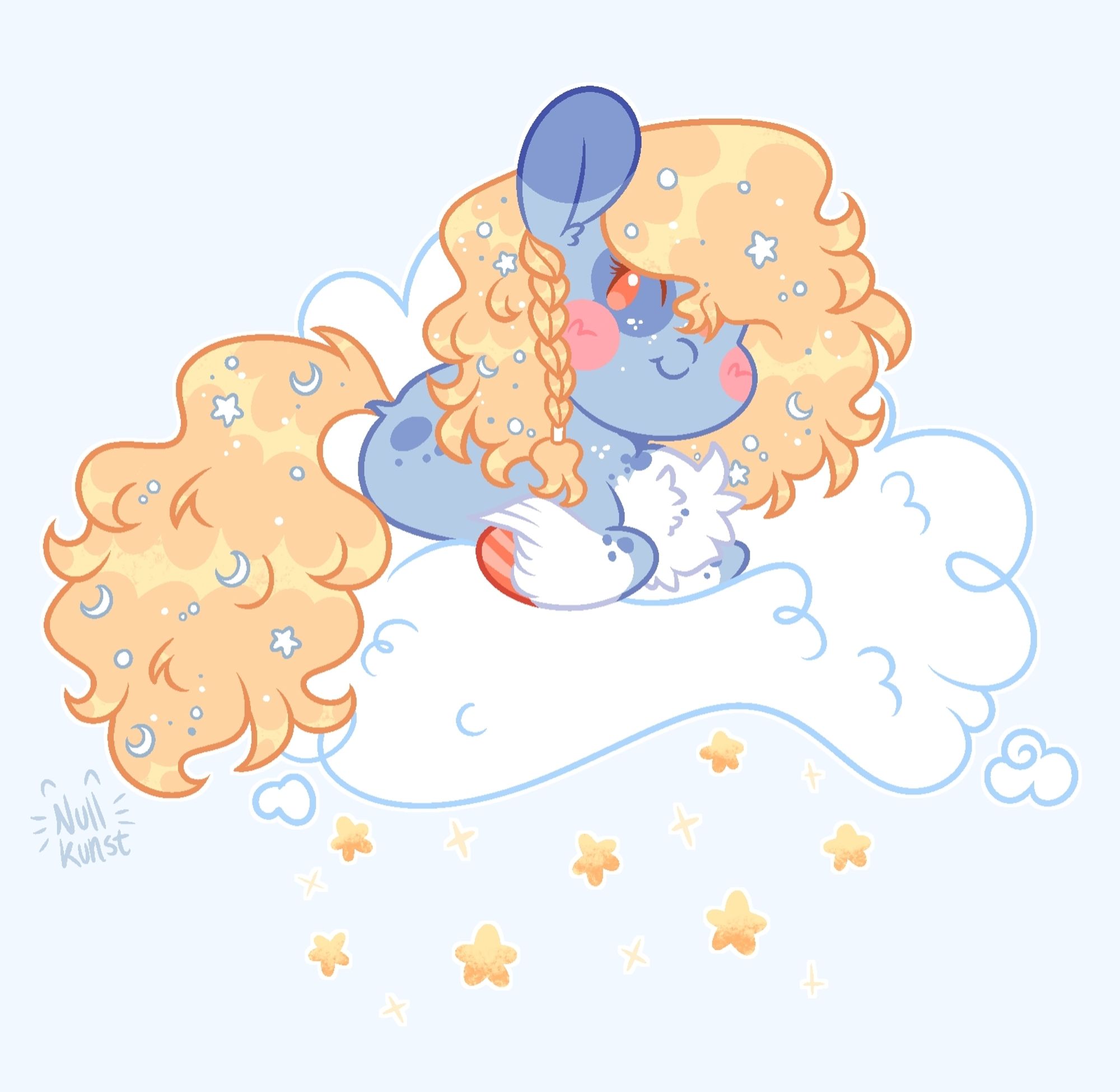 A digital drawing of a blue Chibi pony with a blonde mane + tail; laying on a cloud with stars falling from the bottom. End description.