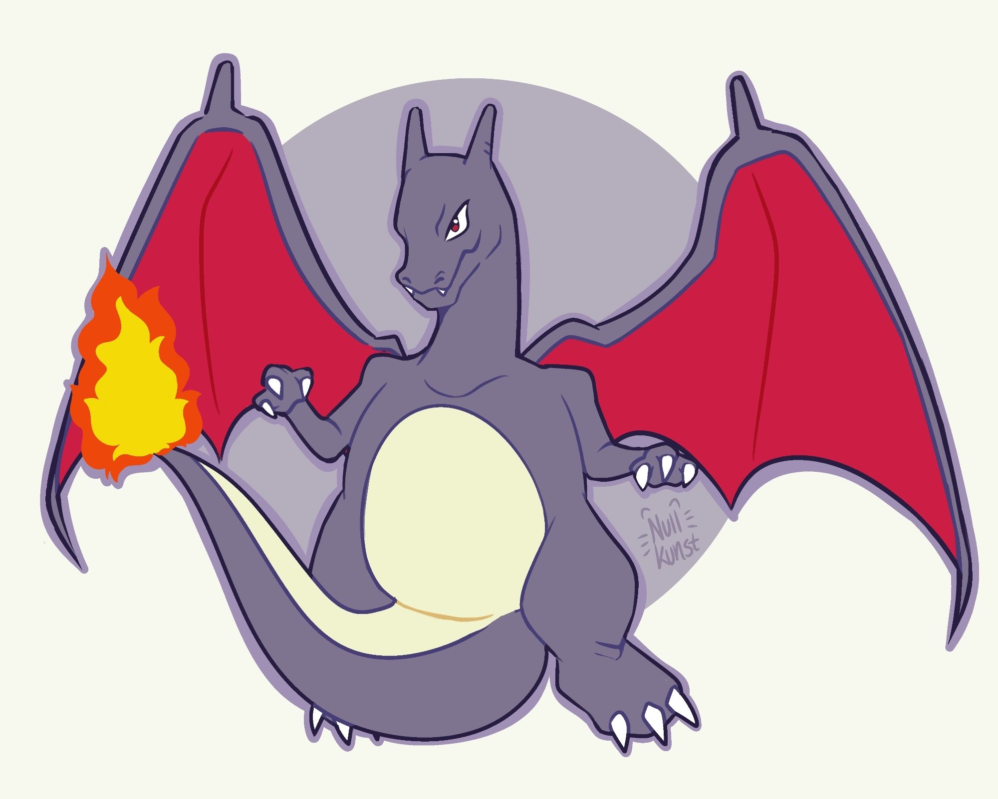 A digital drawing of a shiny Charizard from Pokémon, with their wings spread out and their tail between their legs. End description.