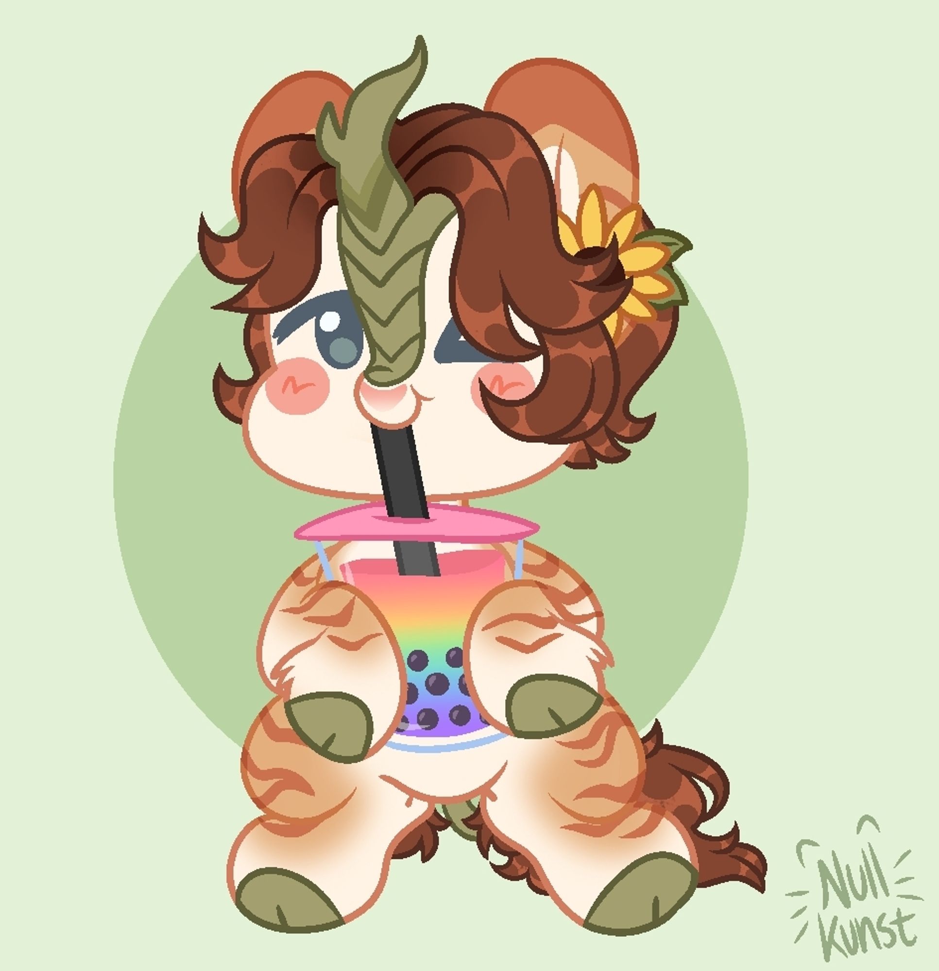 A digital drawing of a Chibi style kirin MLP OC drinking rainbow boba tea. End description.