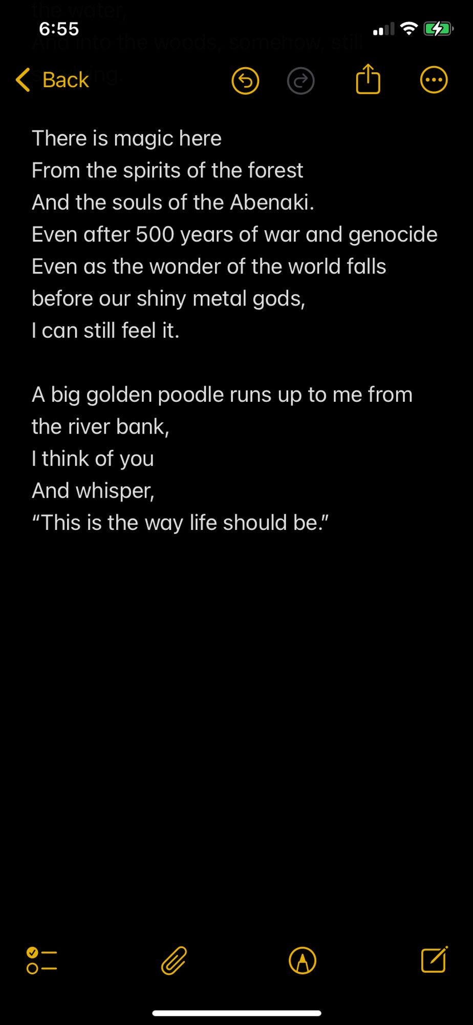 There is magic here
From the spirits of the forest
And the souls of the Abenaki.
Even after 500 years of war and genocide
Even as the wonder of the world falls before our shiny metal gods,
I can still feel it.

A big golden poodle runs up to me from the river bank,
I think of you
And whisper,
“This is the way life should be.”