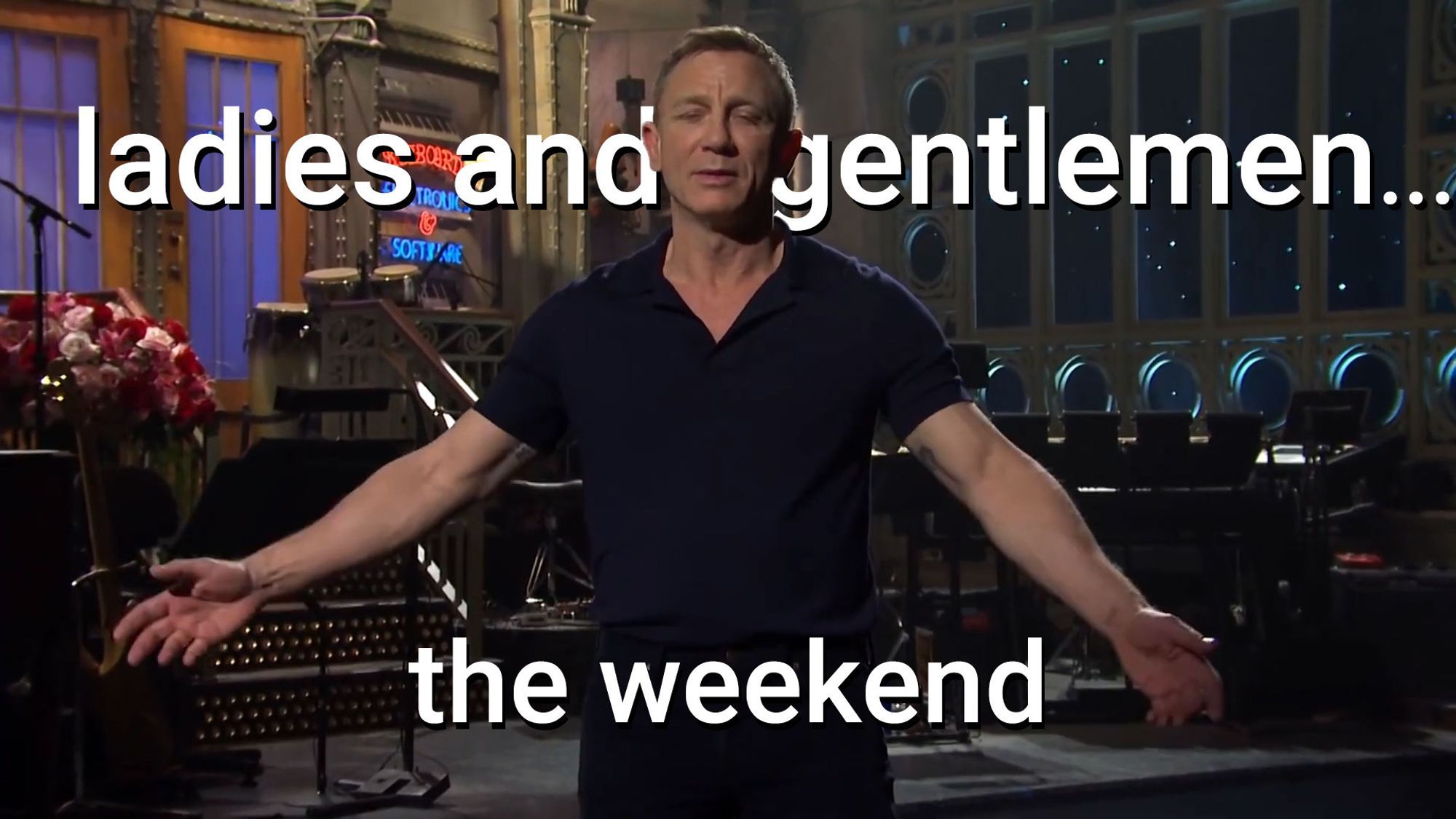 An image of Daniel Craig introducing The Weeknd when they both were on NBC's SNL, "ladies and gentlemen, the weekend."