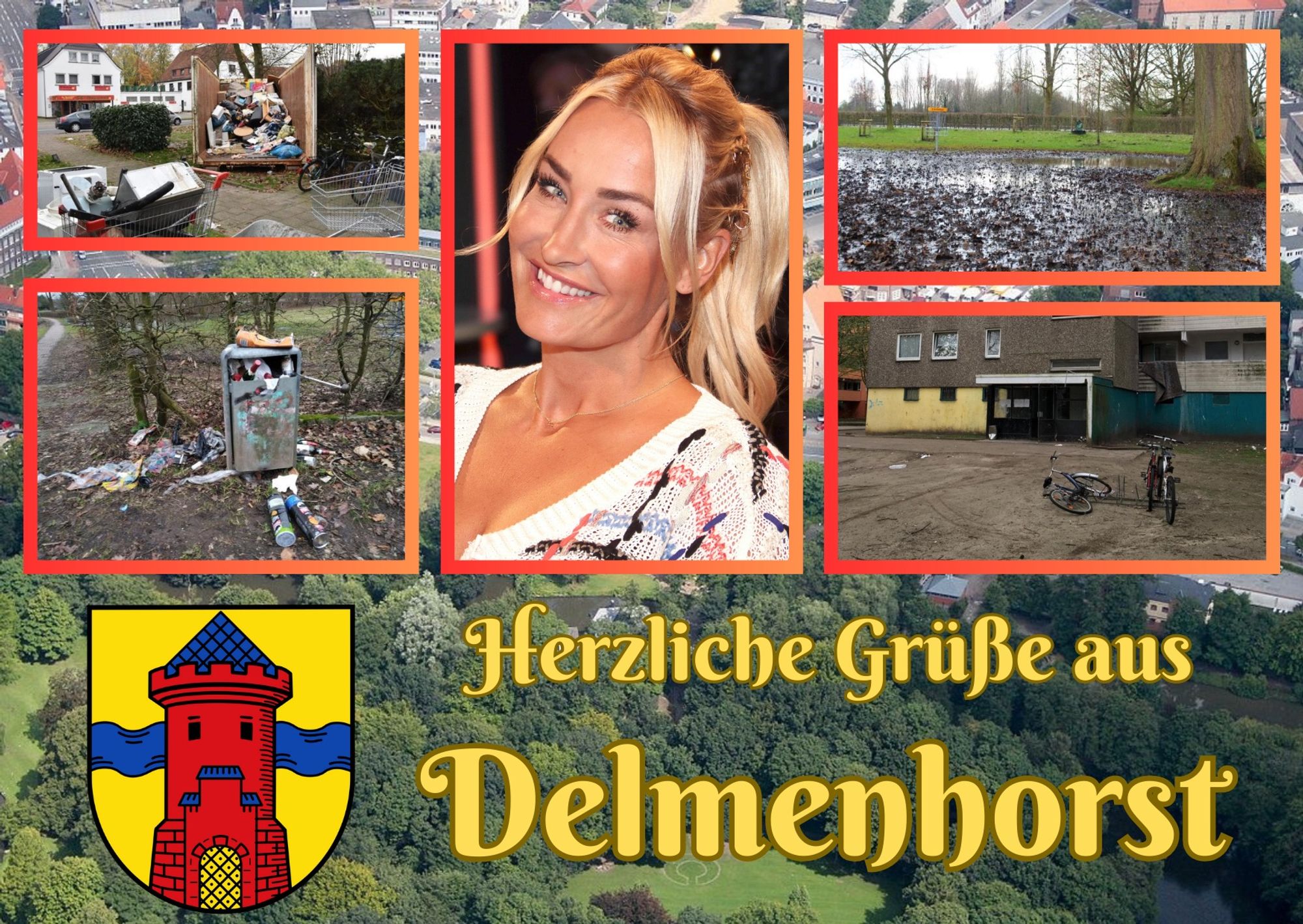 Ansichtskarte mit verschiedenen unappetitlichen Szenen aus Delmenhorst, in der Mitte ein Portrait von Sara Connor, Text: Herzliche Grüße aus Delmenhorst