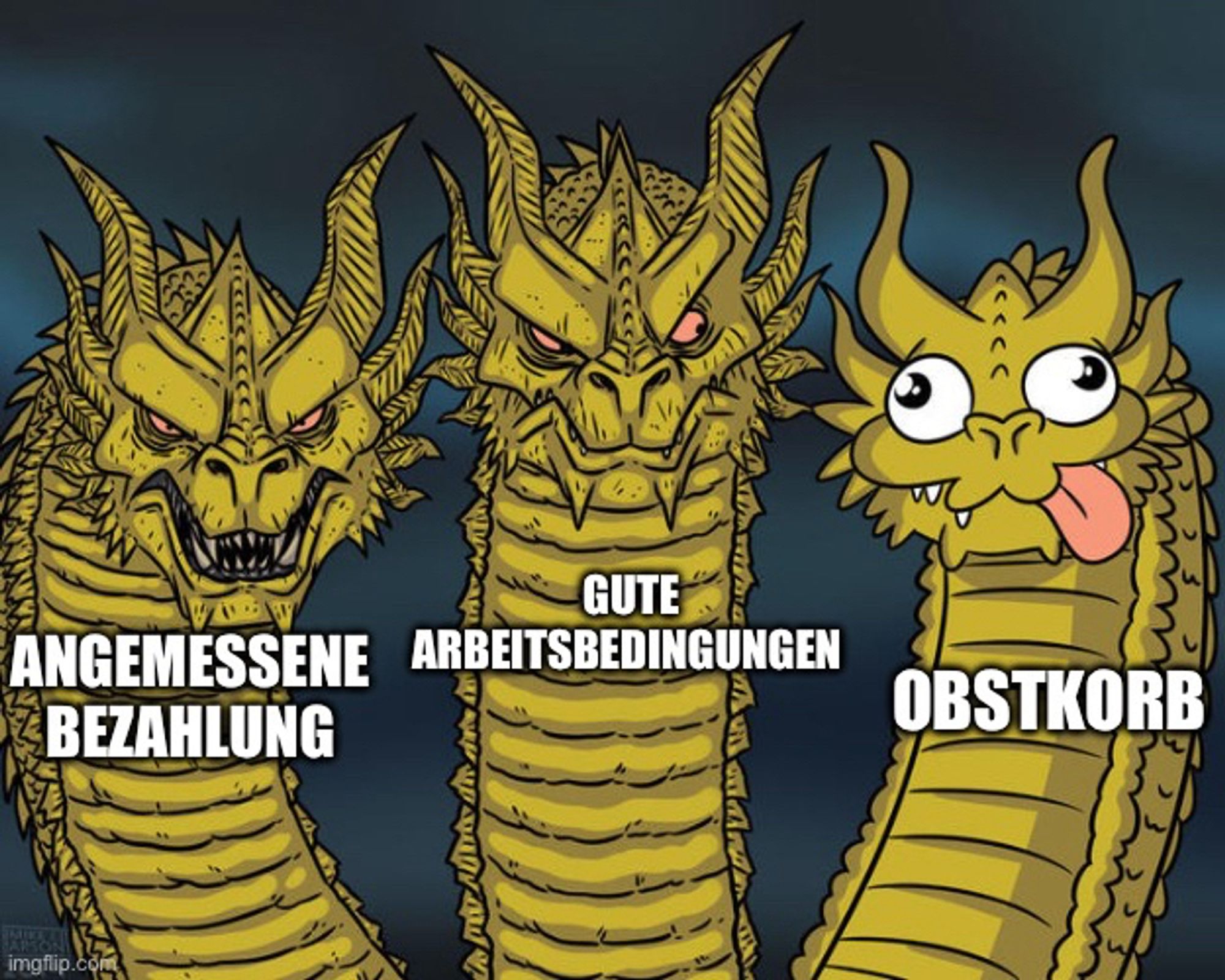 Three Dragons Meme, Text: ANGEMESSENE BEZAHLUNG
GUTE
ARBEITSBEDINGUNGEN
OBSTKORB