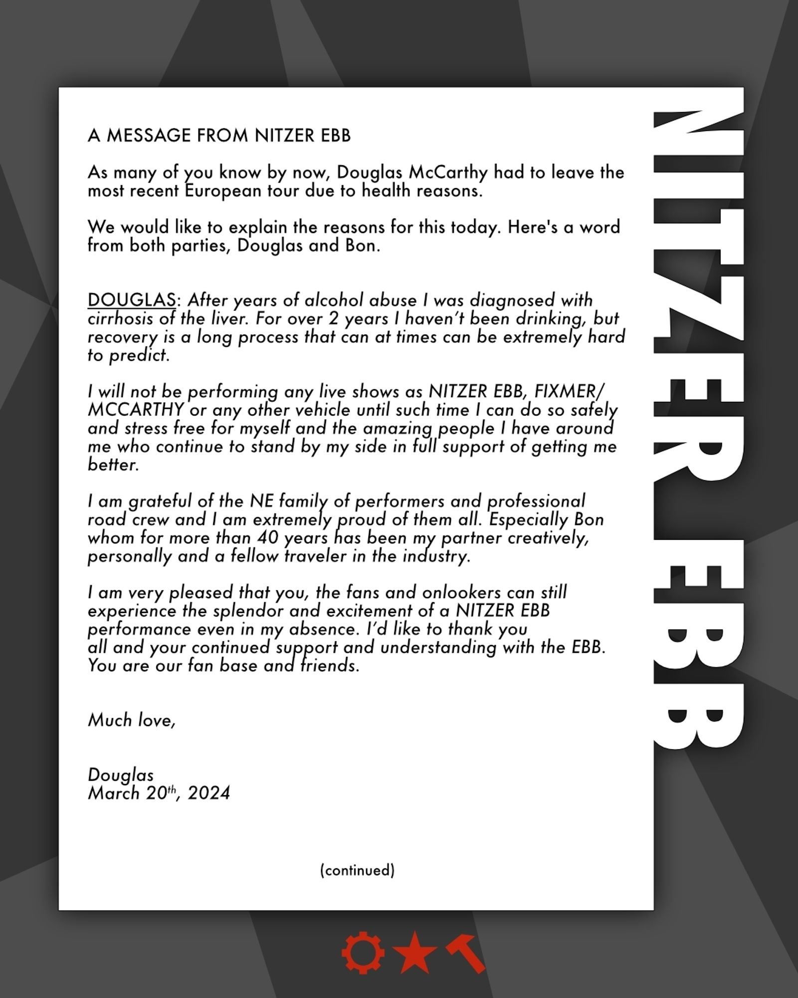 Message from Nitzer Ebb about Douglas McCarthys health and live performance.