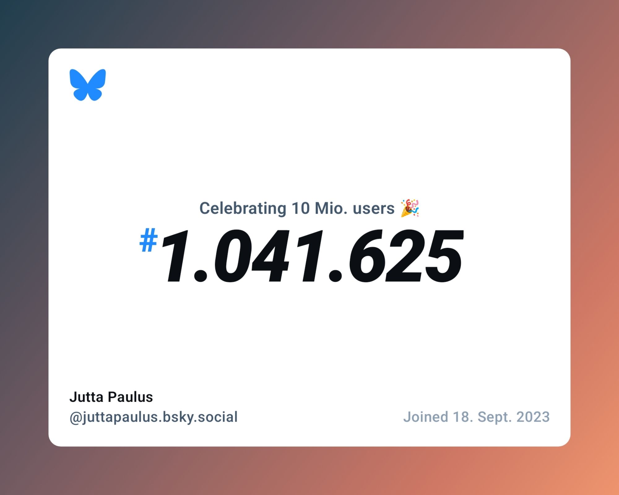 Bluesky Kachel, Text: "Celebrating 10 million users, #1.041.625"