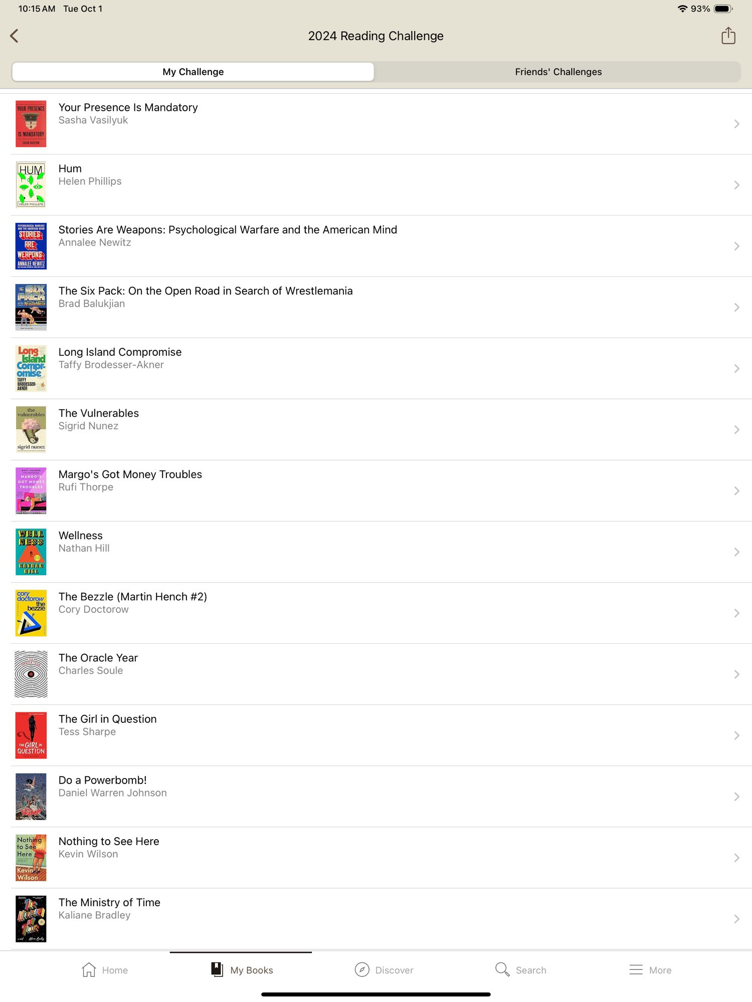 Your Presence Is Mandatory, Sasha Vasiyuk
Hum, Helen Phillips
Stories Are Weapons: Psychological Warfare and the American Mind, Annalee Newitz
The Six Pack: On the Open Road in Search of Wrestlemania, Brad Balukijan
Long Island Compromise, Taffy Brodesser-Akner
The Vulnerables, Sigrid Nunez
Margo's Got Money Troubles, Rufi Thorpe
Wellness, Nathan Hill
The Bezzle (Martin Hench #2), Cory Doctorow
The Oracle Year, Charles Soule
The Girl in Question, Tess Sharpe
Do a Pomerbamb!, Daniel Warren Johnson
Nothing to See Here, Kevin Wilson
The Ministry of Time, Kaliane Bradley