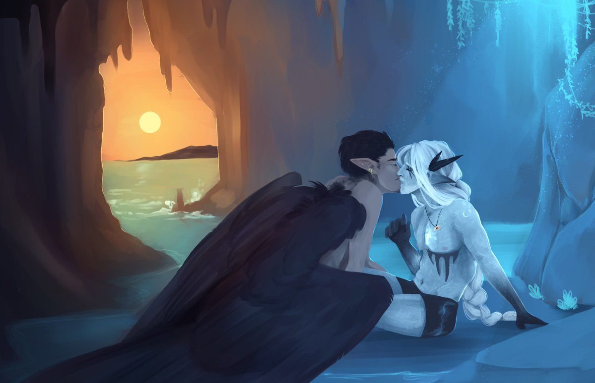 Two masc characters, a winged elf and a changeling, in a bioluminescent cave at sunset kissing gently