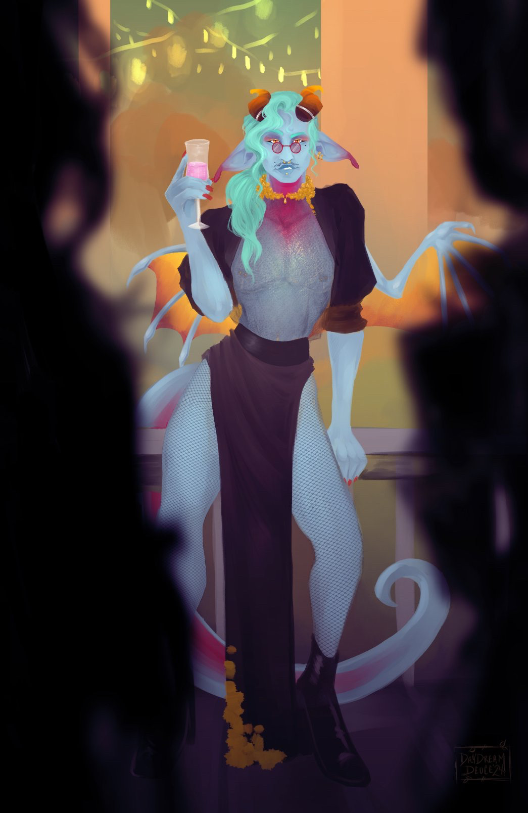 Blue transmasc tiefling looking at the viewer, dressed in a revealing black dress and holding a wine glass of bright pink liquid