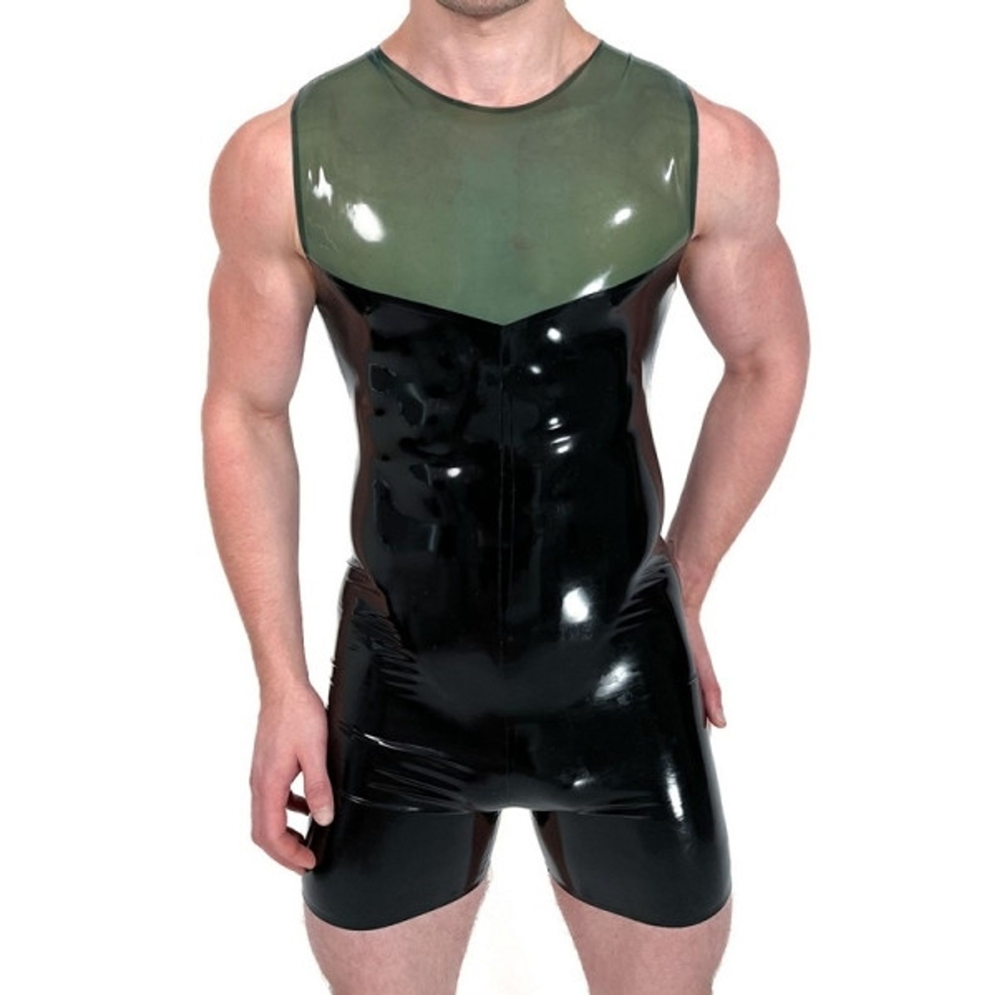 Sleeveless rubber short suit with translucent green upper panel

The model has bigger arms and shoulders than me 😭