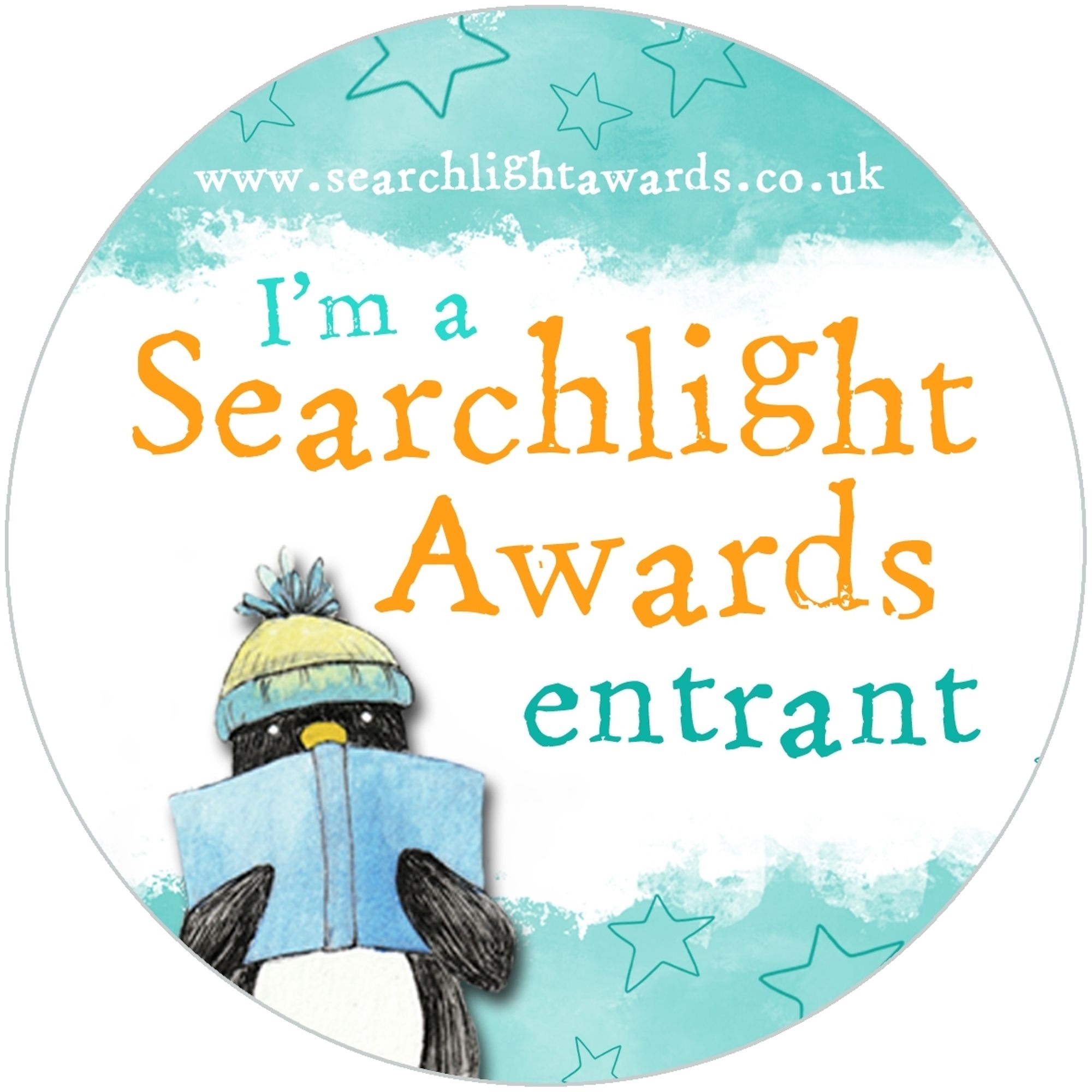 A round, orange and turquoise graphic badge proclaiming "I'm a Searchlight Awards entrant" with the web address www.searchlightawards.co.uk listed at the top. To one side of the writing is a penguin in a bobble hat holding an open book up I front of it as though immersed in reading.