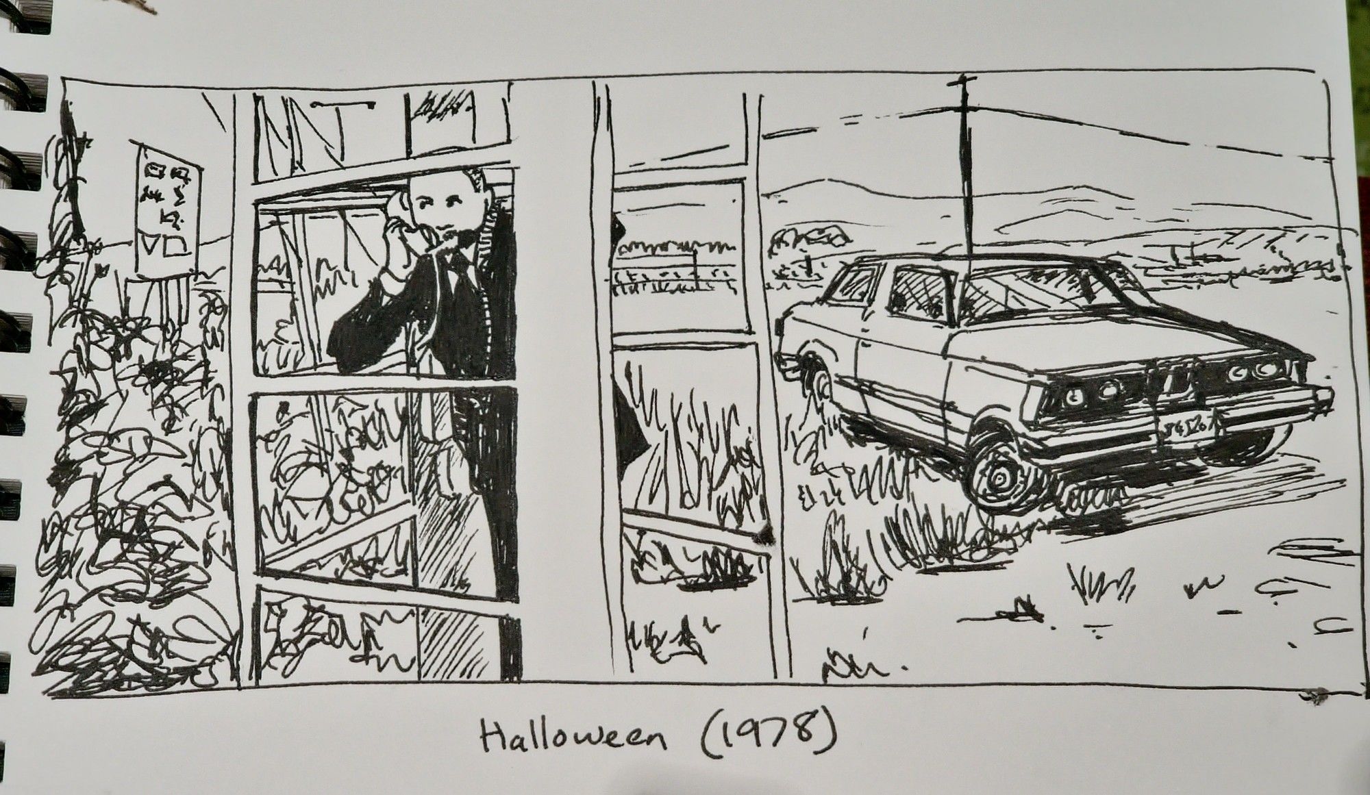 An ink drawing of a scene from the movie Halloween (1978). On the right, a car, parked off-road in scrubby grass. On the left, the psychiatrist (who has been trying to track Jason and warn the authorities how dangerous he is) is angled into a phone booth, the door open. His face is framed off-centre in one window panel of the booth. The framework of the booth, the car and distant power lines and signposts all lead the eye towards his anxious expression.