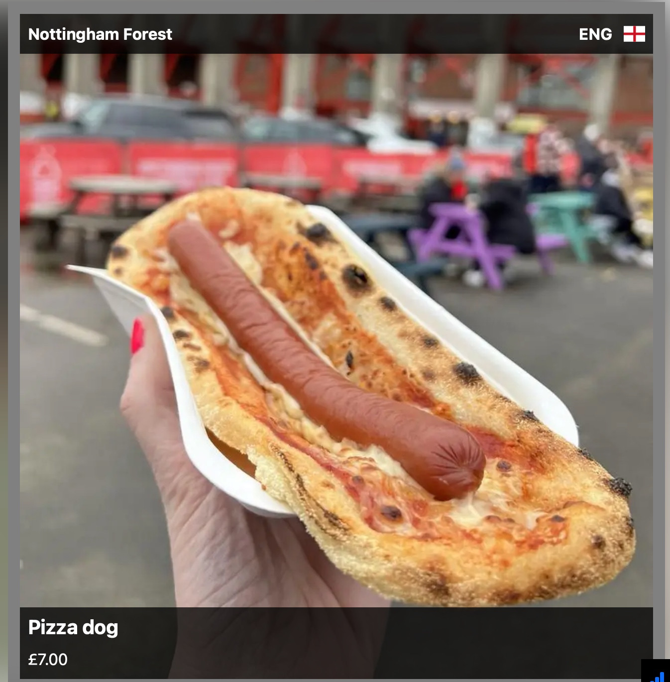 footie scran pic from nottingham forest FC of a 7 pound pizza dog, with respectable crust leoparding and nice sear on the sausage. scran for sure