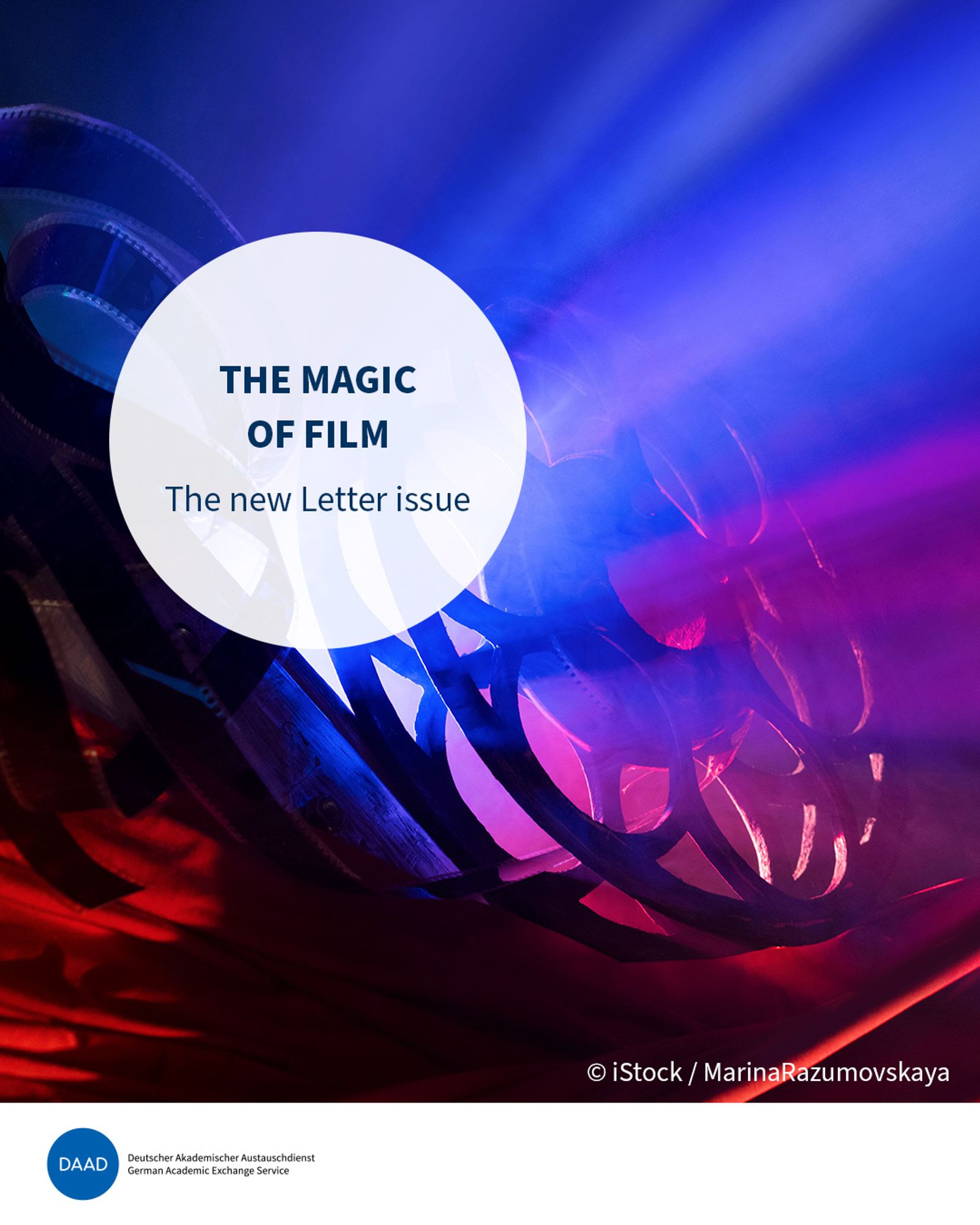 An abstract grapfic of light in purple and red tones shining trough a film-role used in making movies. A round eye-catcher shows the title: The Magic of Gilm: The new letter issue. Image source: iStock/MarinaRazumkovskaya