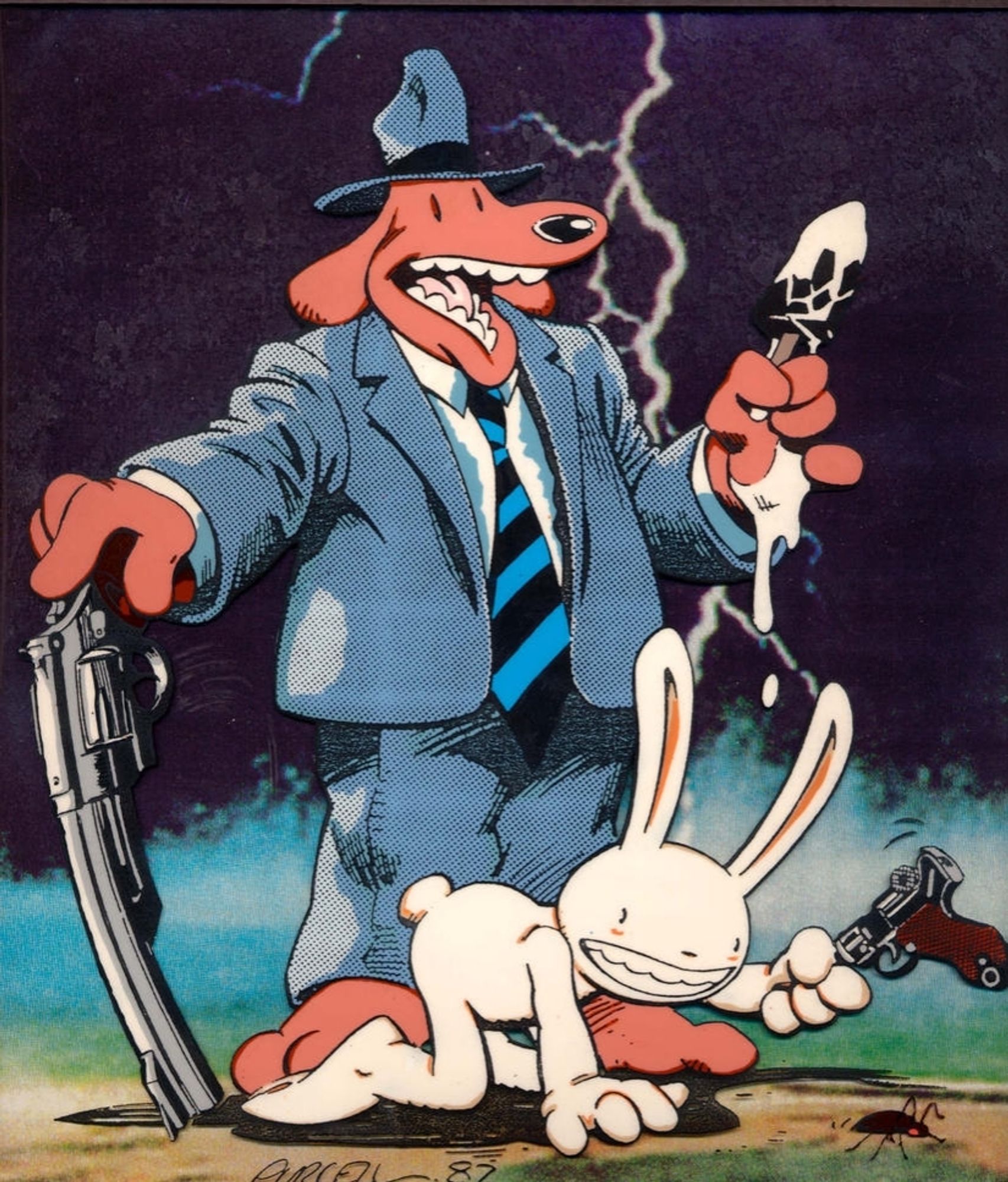 picture of sam and max. sam is standing in the middle, eating a chocolate pop and leaning his iconic huge gun onto the floor, almost like a cane. max is in front of him on the floor, about to crush a roach with his iconic but smaller gun, almost like a mallet.